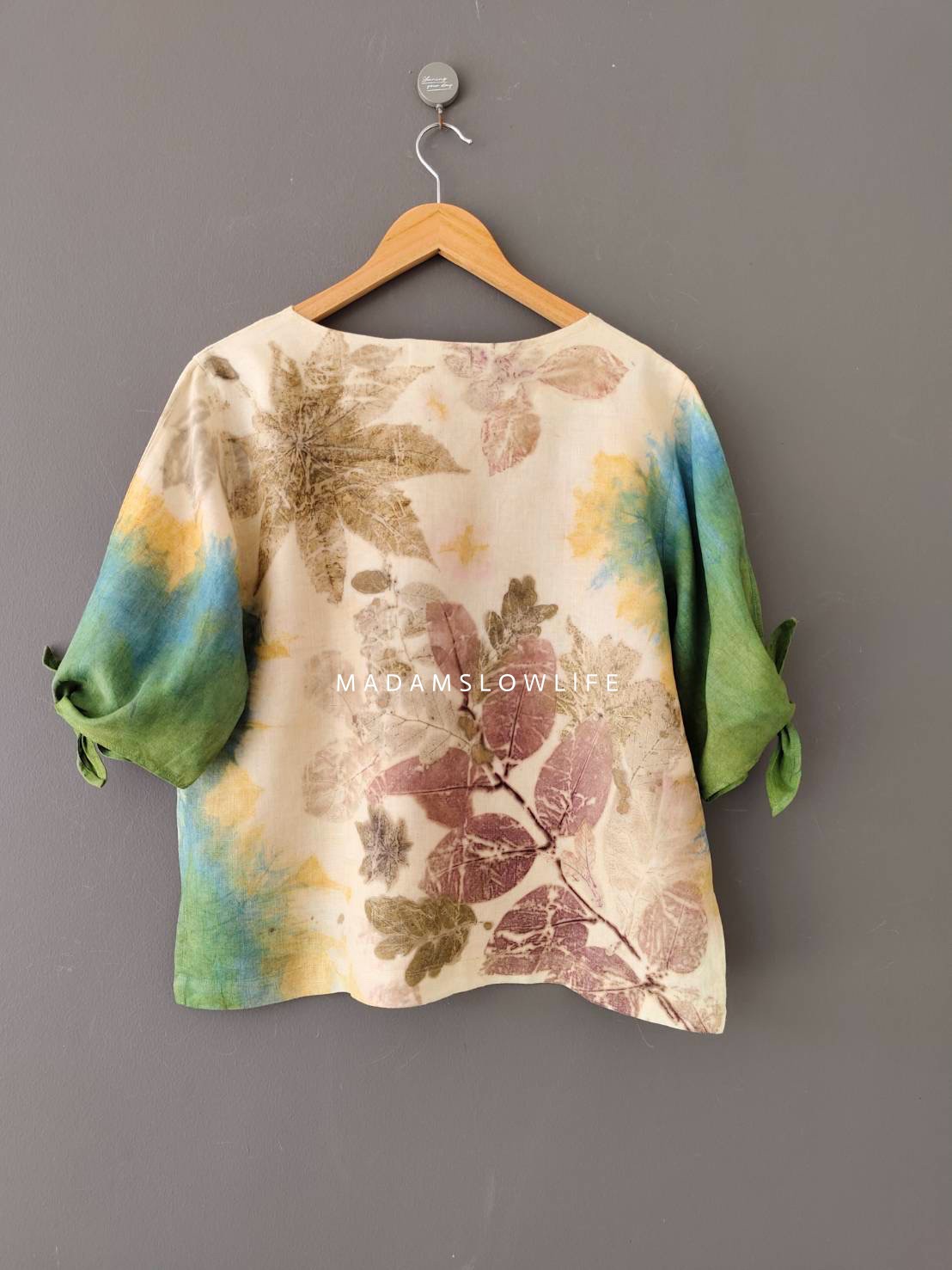 เสื้อผ้าลินินแท้ ลวดลายพิมพ์ลายแบบ eco-print อก 42 นิ้ว ยาว 22 นิ้ว