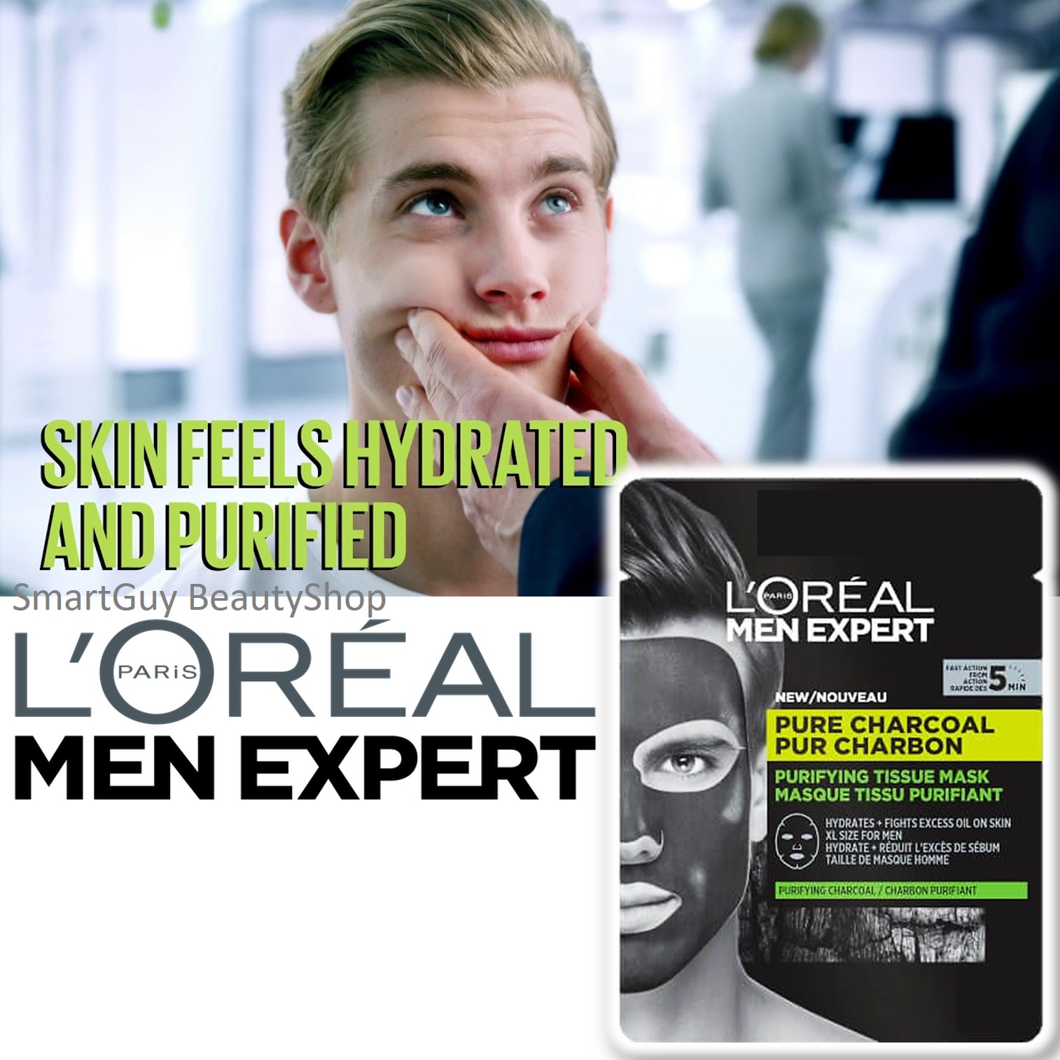 L’Oreal Men Expert Pure Charcoal Purifying Tissue Mask 30g. แผ่นมาส์คดีท็อกซ์ผิวหน้ากระจ่างใสสำหรับผู้ชายสูตรชาโคล