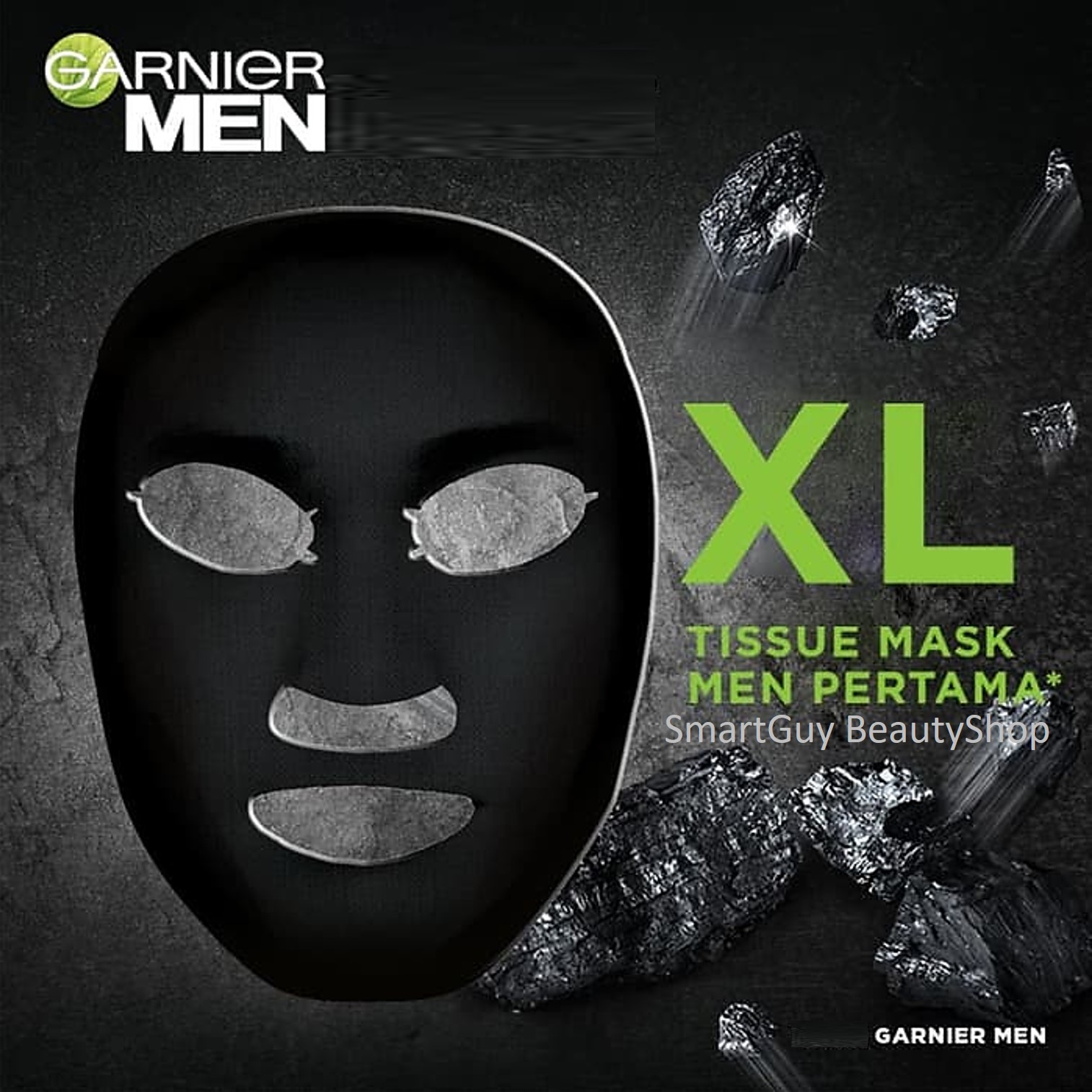 GARNIER MEN XL Charcoal Mask Power White Purifying & Brightening 30g. แผ่นมาส์คดีท็อกซ์ผิวหน้ากระจ่างใสสำหรับผู้ชายสูตรชาโคล