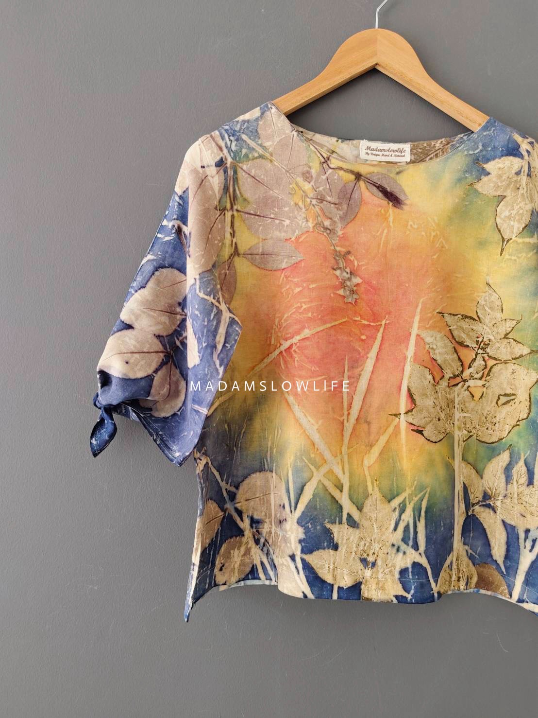 เสื้อผ้าลินินแท้ ลวดลายพิมพ์ลายแบบ eco-print อก 40 นิ้ว ยาว 22 นิ้ว