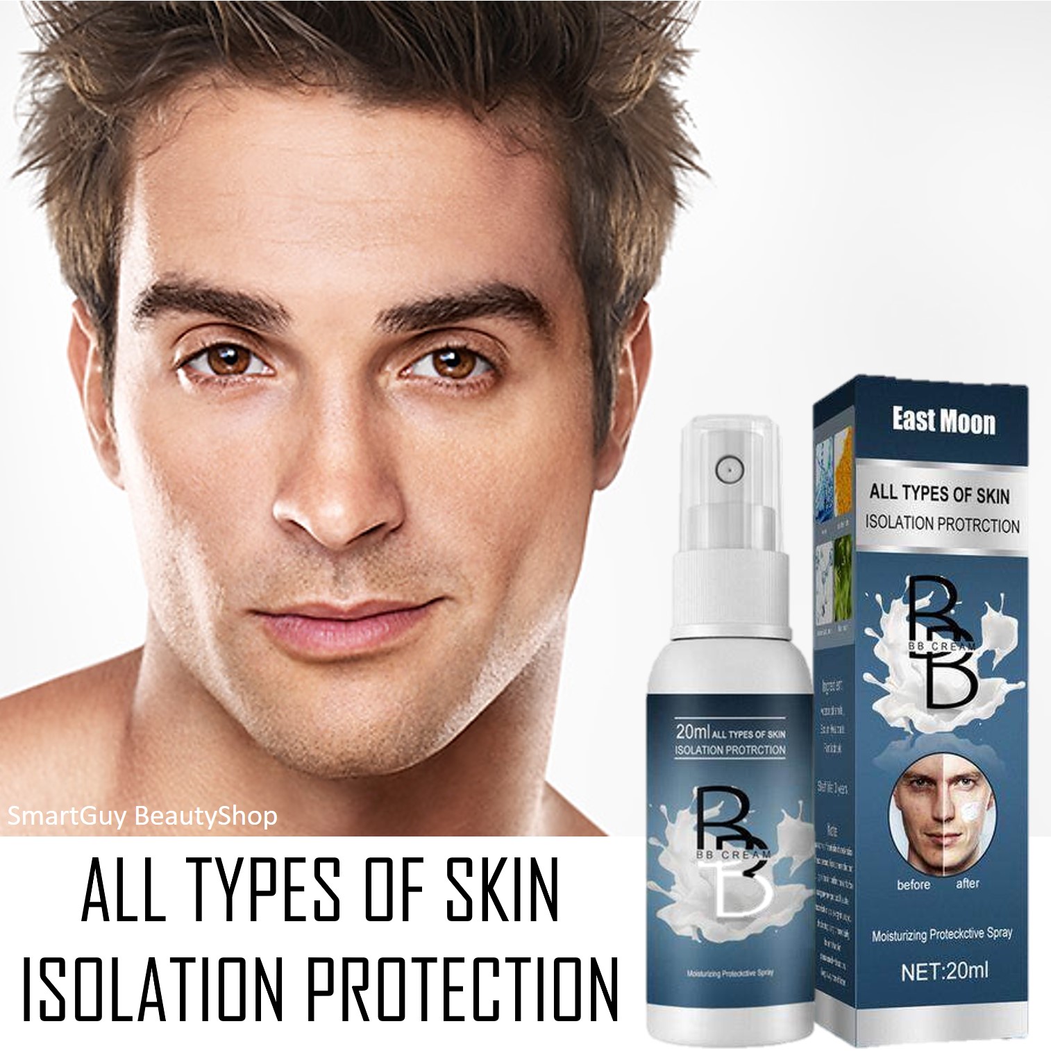 East Moon Men's Face Moisturizing BB Cream Spray 20ml สเปรย์บีบีครีมมอยซ์เจอร์ไรเซอร์บำรุงผิวหน้ากระจ่างใสพร้อมปกป้องผิวในขั้นตอนเดียวสำหรับผู้ชาย