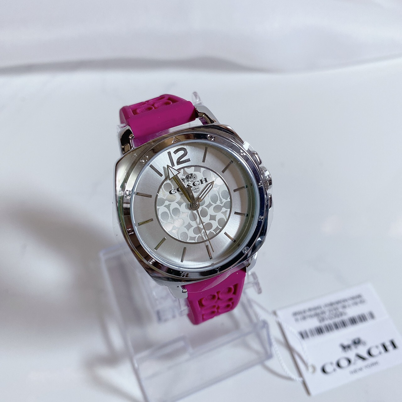 Coach Boyfriend Ladies Silver White Dial with Pink Silicone
