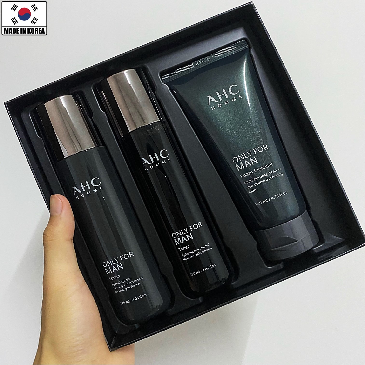 A.H.C Homme Only For Men Foam Cleanser Toner And Lotion Set Deep Cleansing Moisturizing And Nourishing The Skin 380ml ชุดผลิตภัณฑ์ทำความสะอาดและบำรุงผิวหน้าสูตรพรีเมี่ยมครบสูตรหล่อใสสำหรับผิวหน้าผู้ชายจากเกาหลี