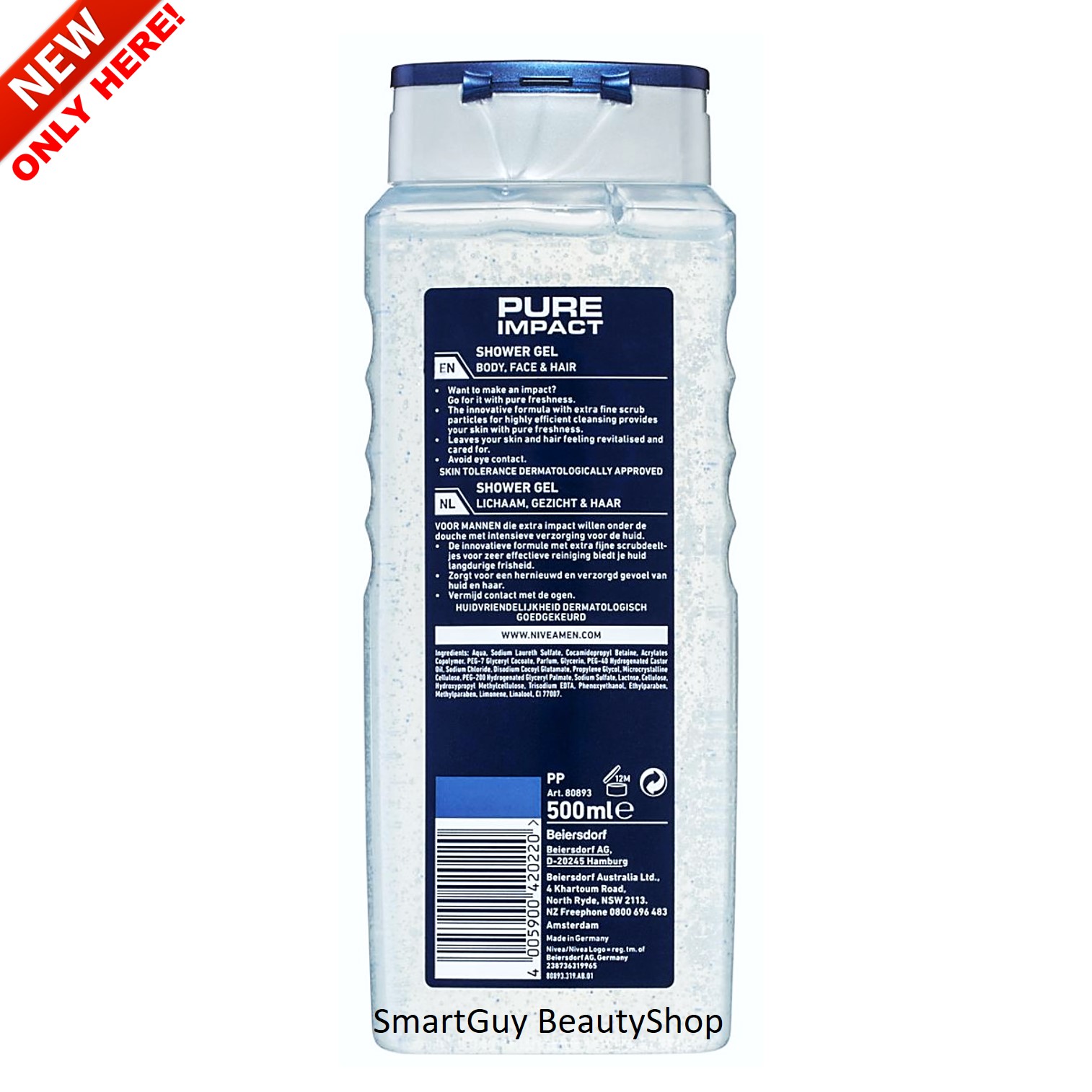 Nivea Men Pure Impact Shower Gel - Hair, Face & Body Wash, 500ml ผลิตภัณฑ์ทำความสะอาดเส้นผม ผิวหน้า ผิวกาย สูตรพิเศษจากนีเวียเม็นสำหรับผู้ชาย สินค้านำเข้าจากต่างประเทศ