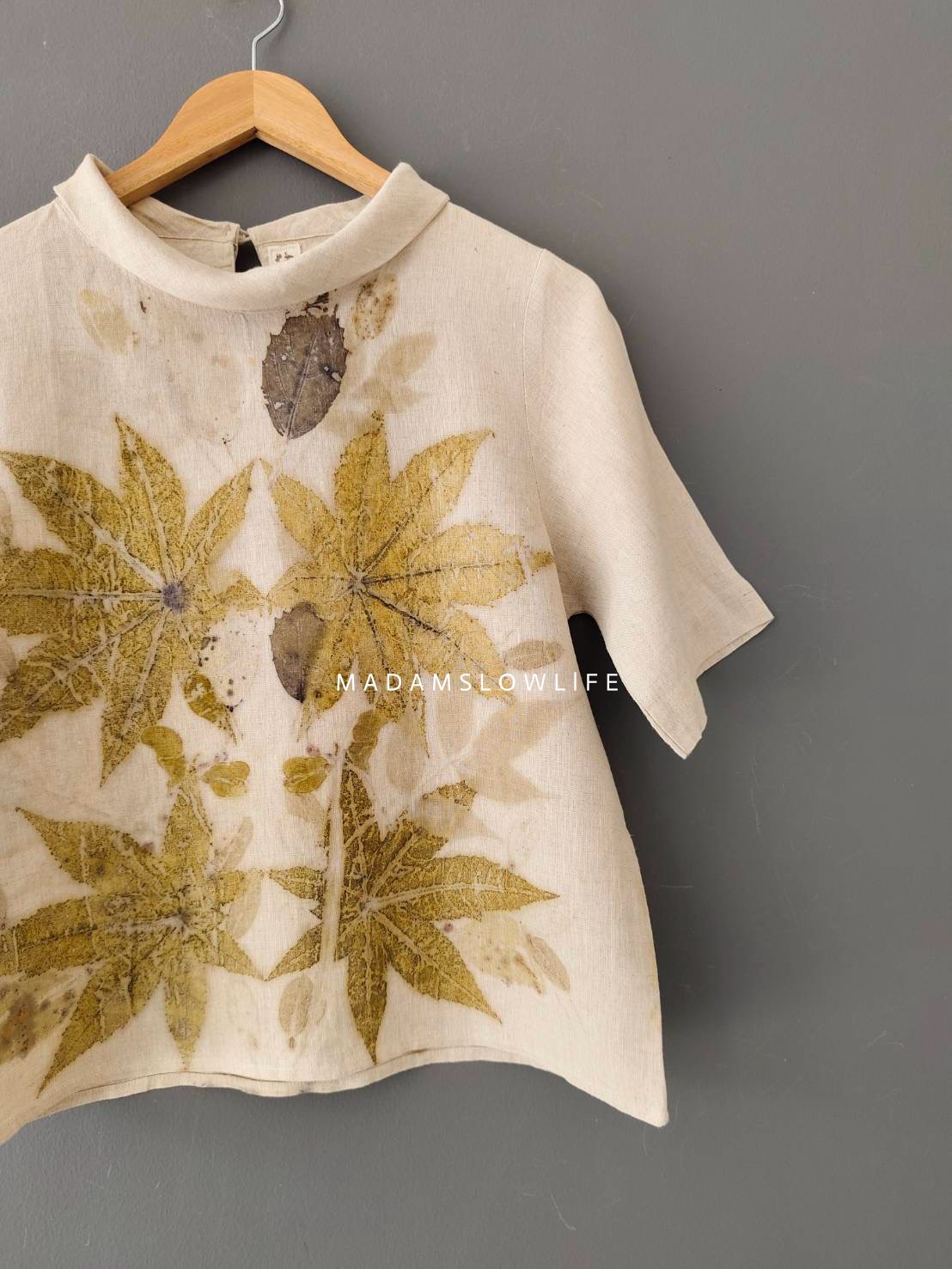 เสื้อผ้าลินินแท้ ลวดลายพิมพ์ลายแบบ eco-print อก 38 นิ้ว ยาว 21 นิ้ว