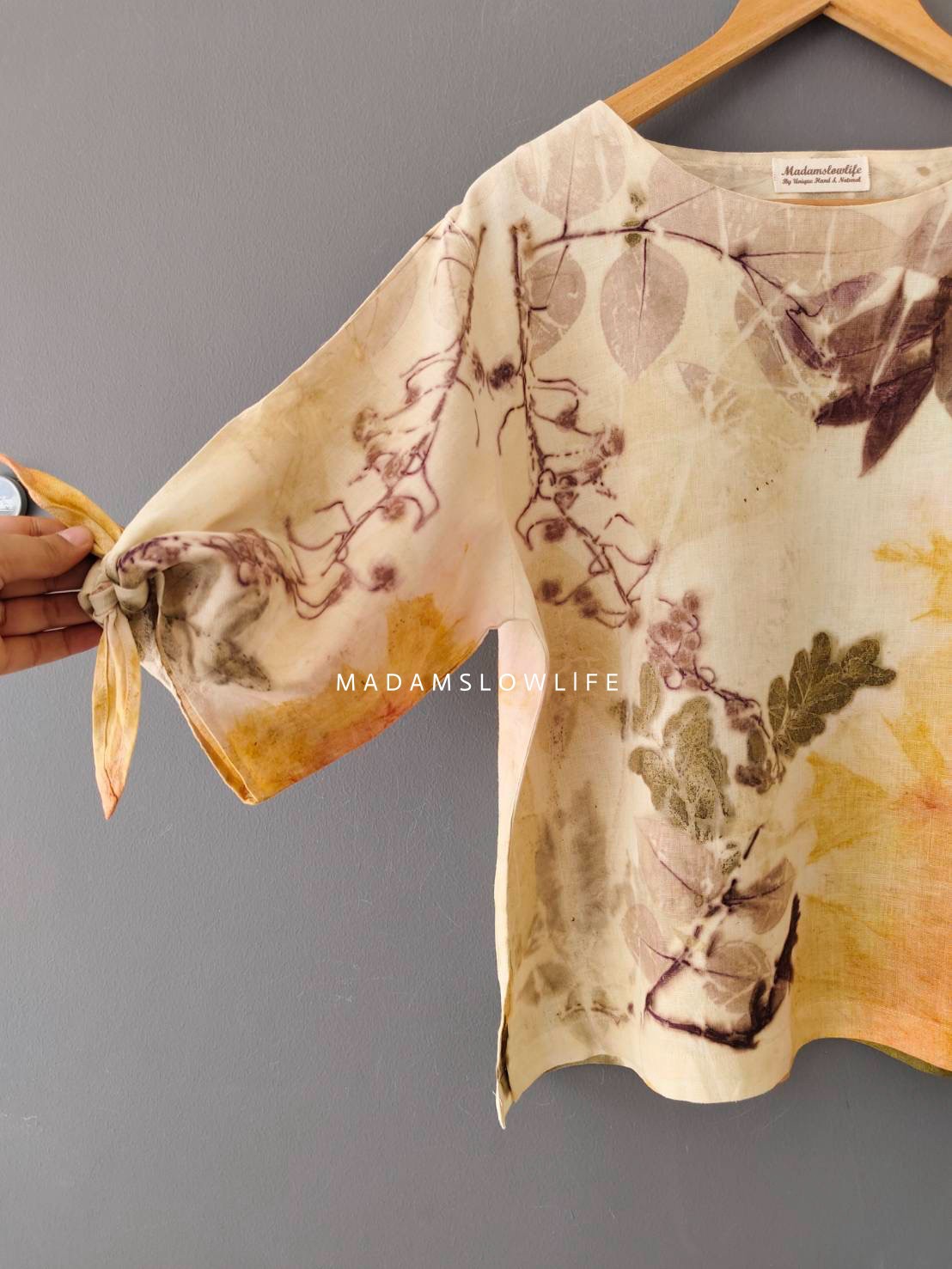 เสื้อผ้าลินินแท้ ลวดลายพิมพ์ลายแบบ eco-print อก 44 นิ้ว ยาว 23 นิ้ว