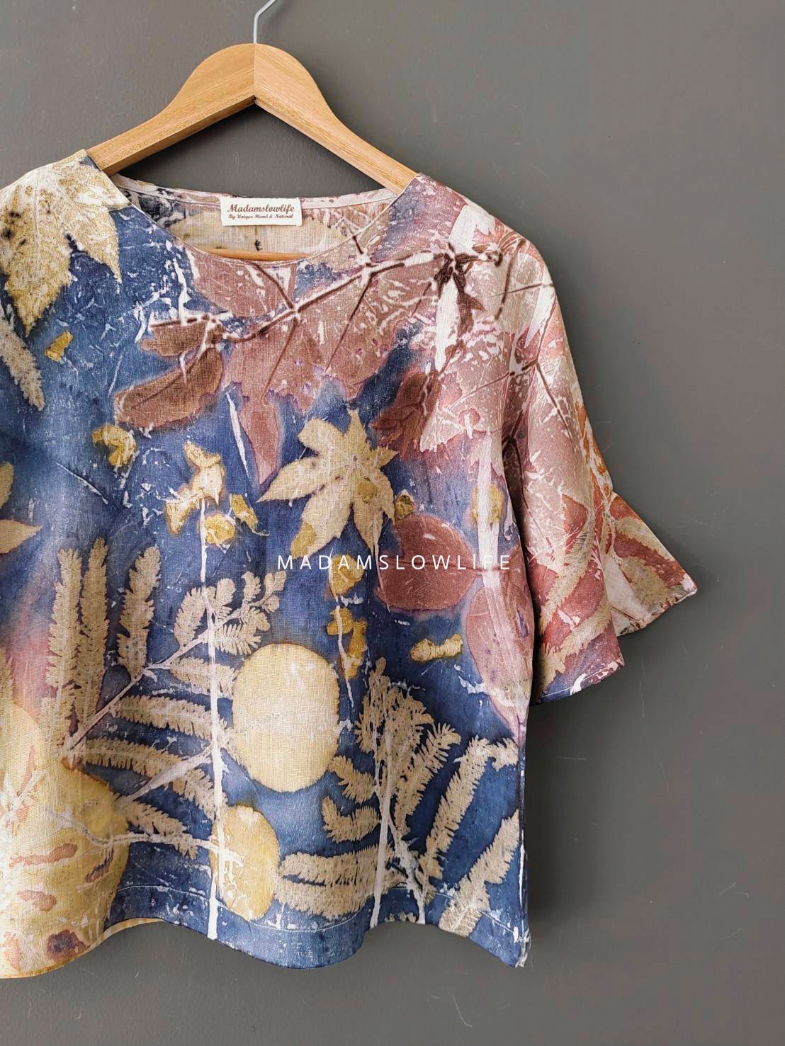 เสื้อผ้าลินินแท้ ลวดลายพิมพ์ลายแบบ eco-print อก 40 นิ้ว ยาว 22 นิ้ว