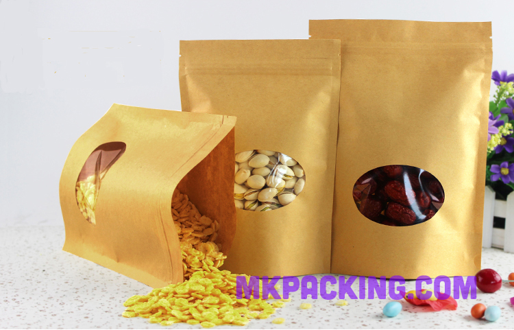 ถุงกระดาษคราฟท์ หน้าต่างวงรี ซิปล็อค ตั้งได้ ขนาด 13*18 +4 ซม.