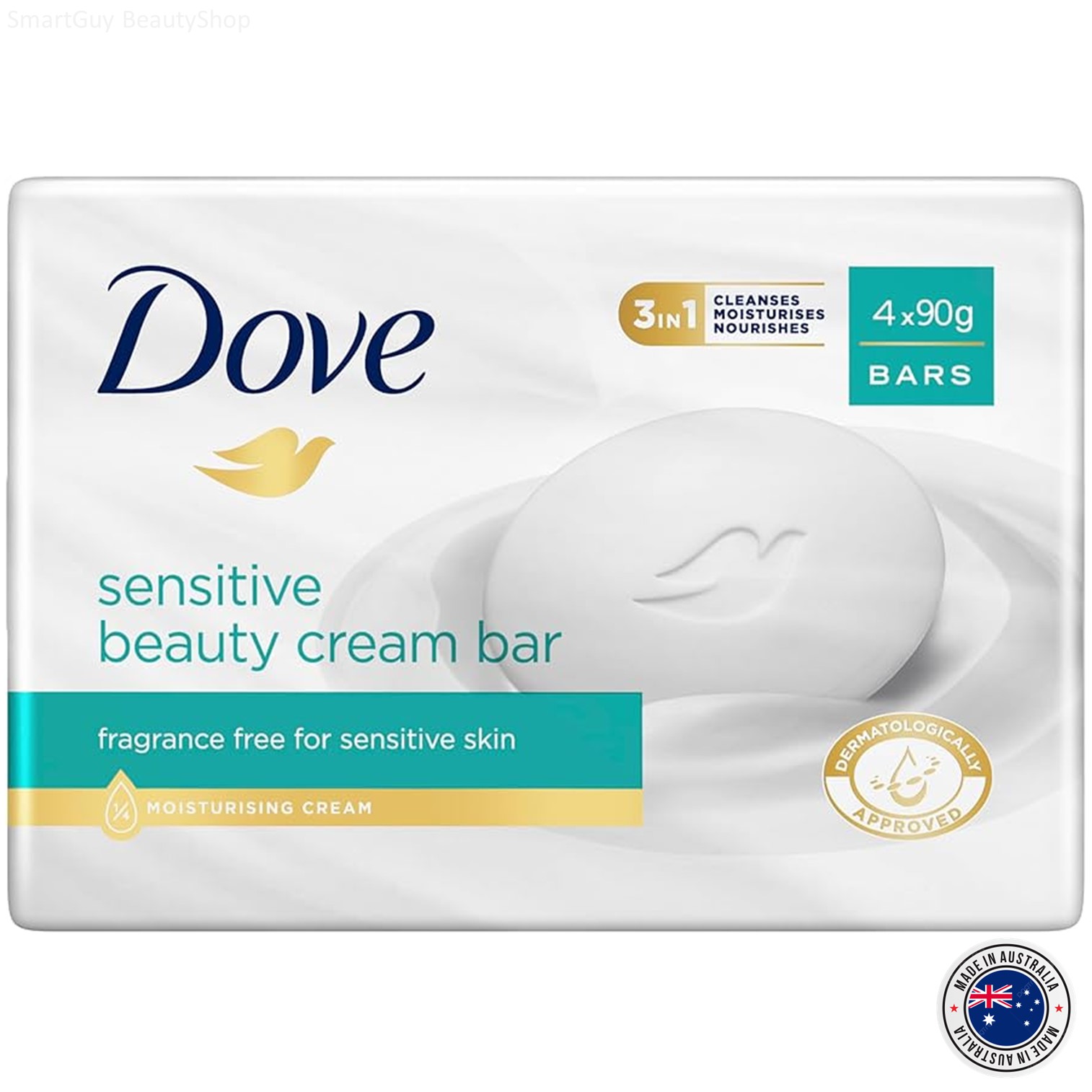 Dove Sensitive Beauty Cream Bar 4x90g สบู่อาบน้ำสูตรอ่อนโยนสำหรับผิวแพ้ง่ายสินค้านำเข้าจากออสเตรเลียของแท้พร้อมส่ง(แพ็ค4ก้อน)