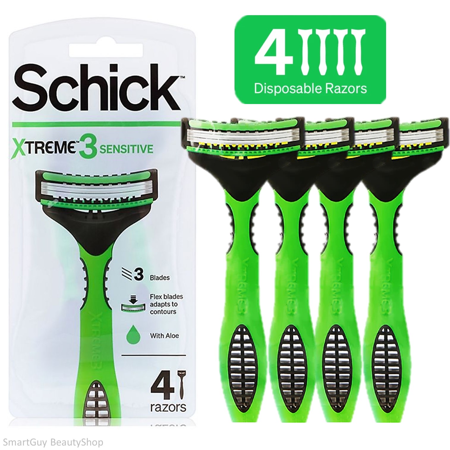 Schick Xtreme3 Sensitive Disposable Razors, 4 Count Aloe Comfort Strip ชุดมีดโกนหนวดสำหรับผิวบอบบางแพ้ง่ายแพ็ค 4 ชิ้น