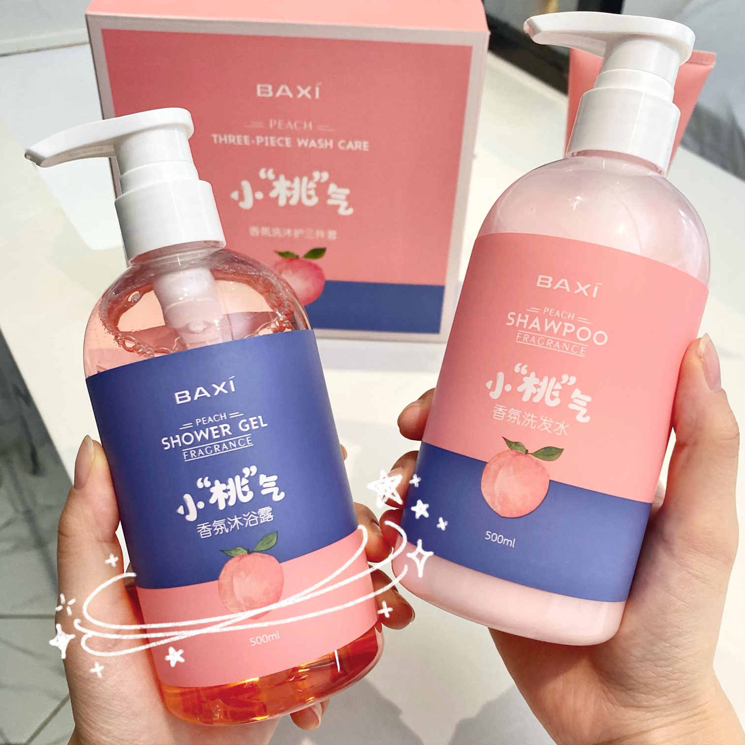 BAXI PEACH Three Piece Wash Care Set 1200ml ชุดผลิตภัณฑ์ครบสูตรทำความสะอาดเส้นผมและเจลอาบน้ำกลิ่นพีช