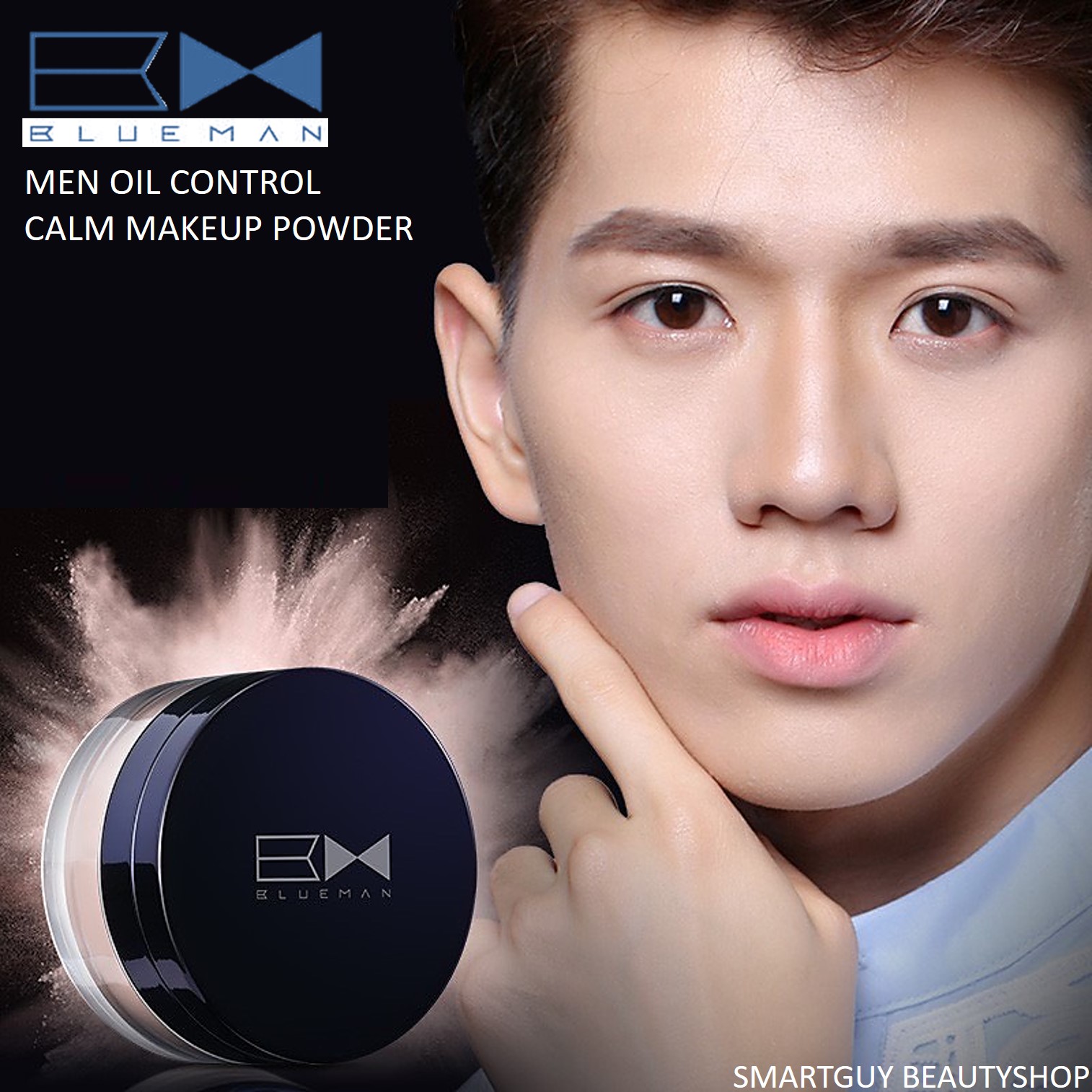 แป้งฝุ่นเนื้อละเอียดพิเศษเพิ่มออร่าสำหรับผู้ชายหน้าเนียนใสเป็นธรรมชาติ BlueMan Men Oil Control Calm Makeup Powder 10g.