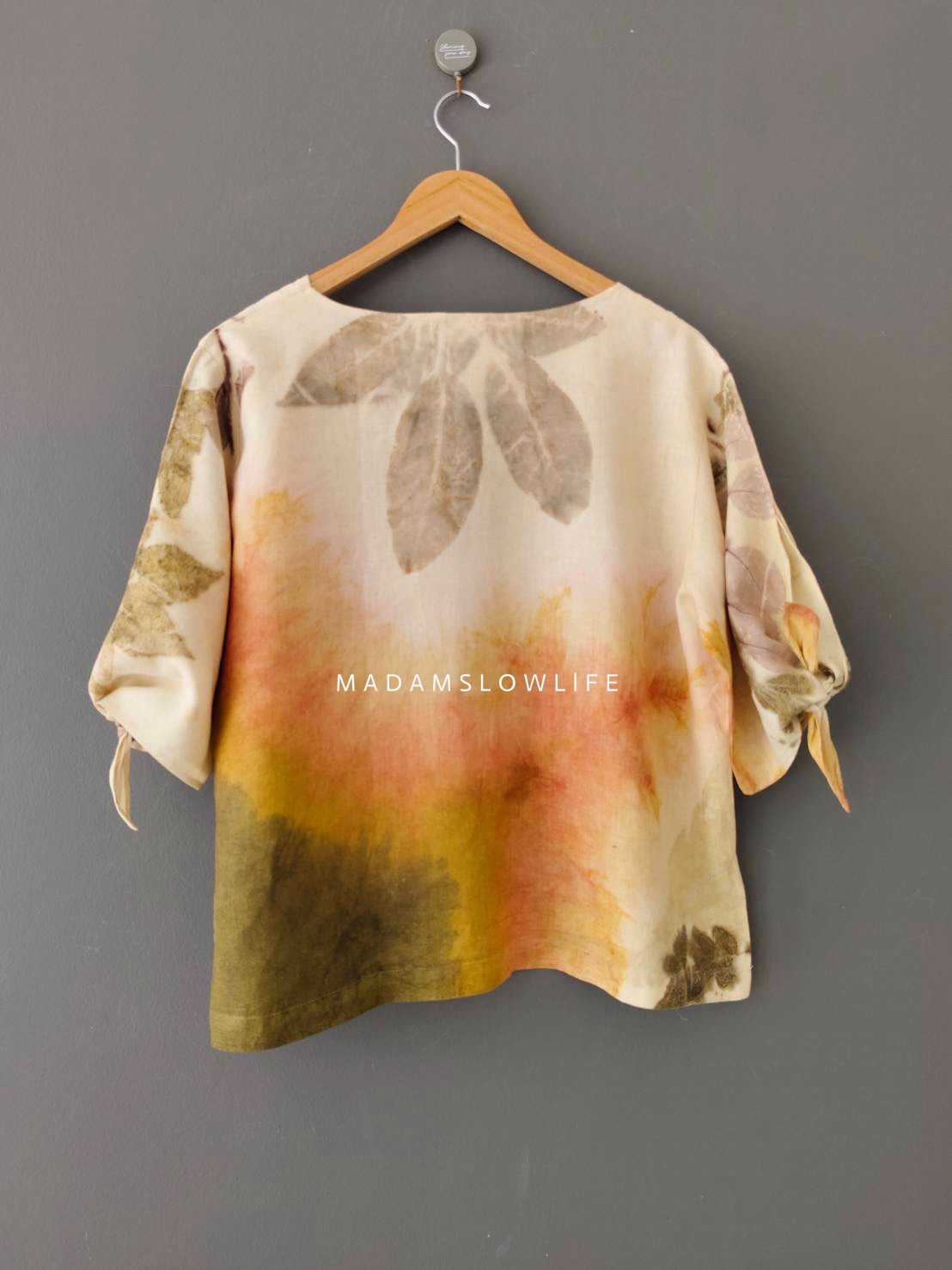 เสื้อผ้าลินินแท้ ลวดลายพิมพ์ลายแบบ eco-print อก 44 นิ้ว ยาว 23 นิ้ว