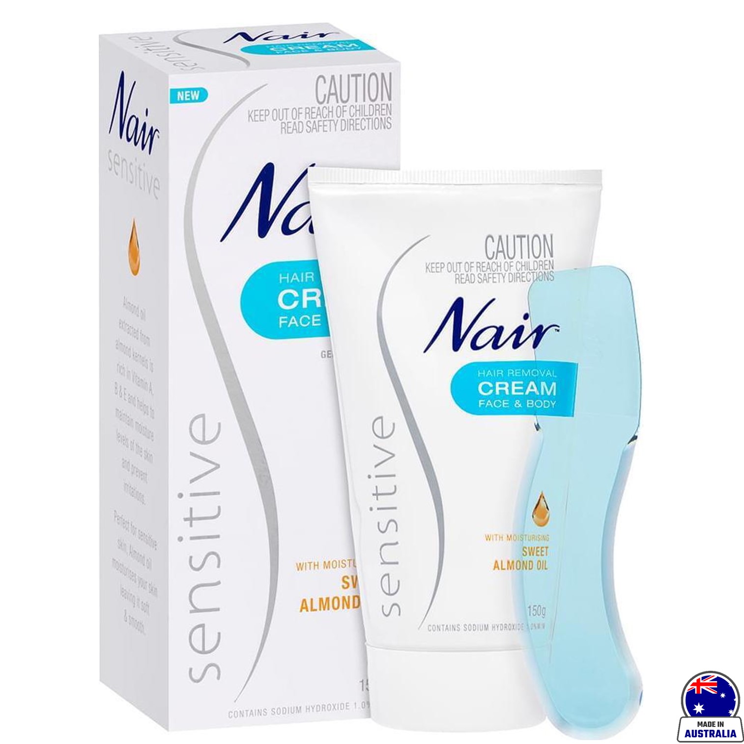 Nair Sensitive Face & Body Hair Removal Cream With Moisturising Sweet Almond Oil 150g ผลิตภัณฑ์กำจัดขนสำหรับผิวหน้าผิวกายสูตรอ่อนโยนพิเศษจากออสเตรเลีย