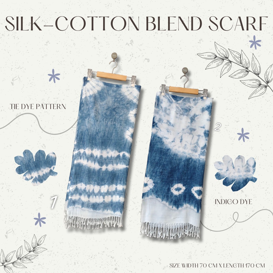 ผ้าพันคอ cotton มัดย้อมสีครามธรรมชาติ มี 2 ลาย ให้เลือก Size : กว้าง 70 cm × ความยาว 170 cm