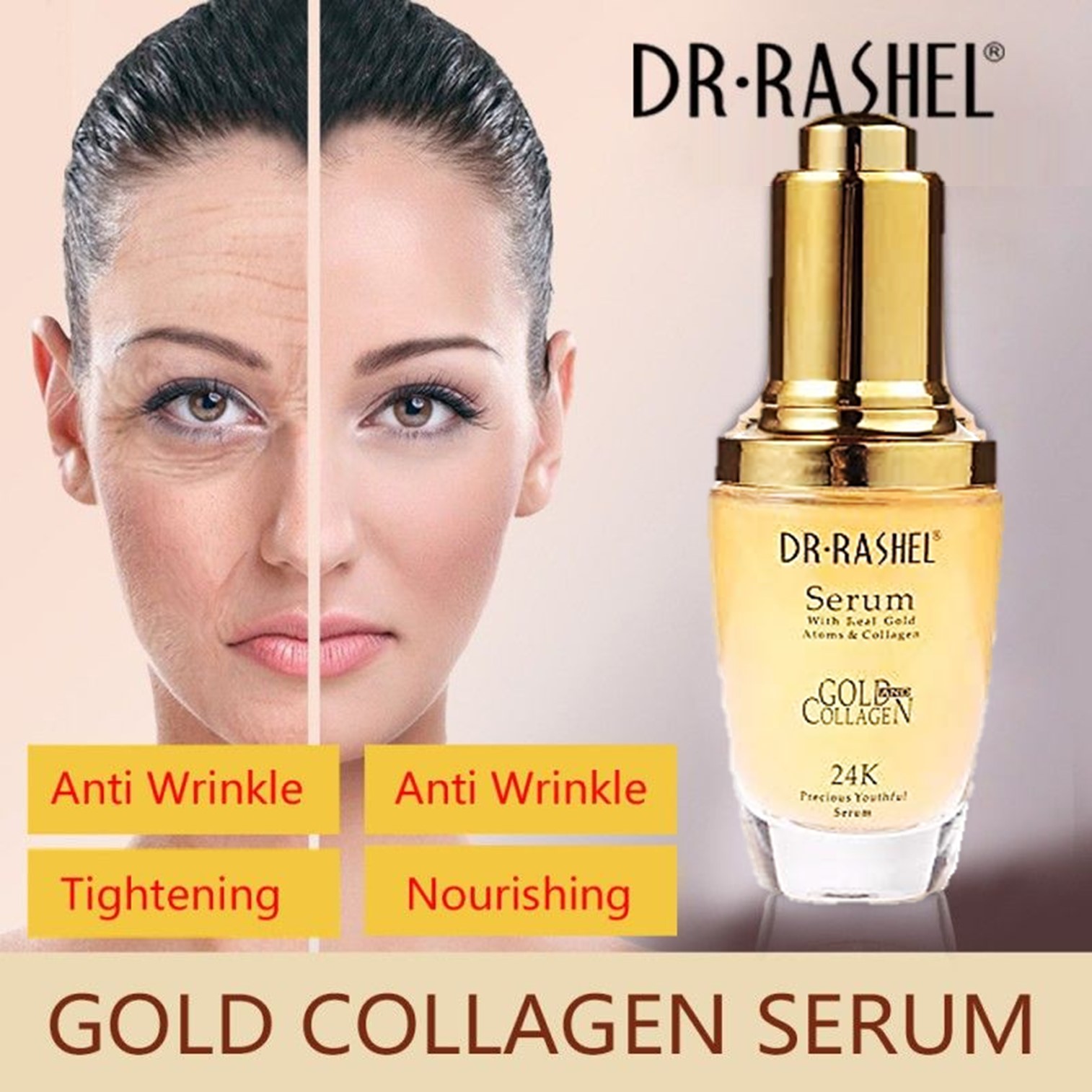 Dr.Rashel 24K Gold Collagen Serum 50ml เซรั่มบำรุงผิวหน้าสูตรพรีเมี่ยมจากส่วนผสมทองคำและคอลลาเจนสินค้าของแท้พร้อมส่ง