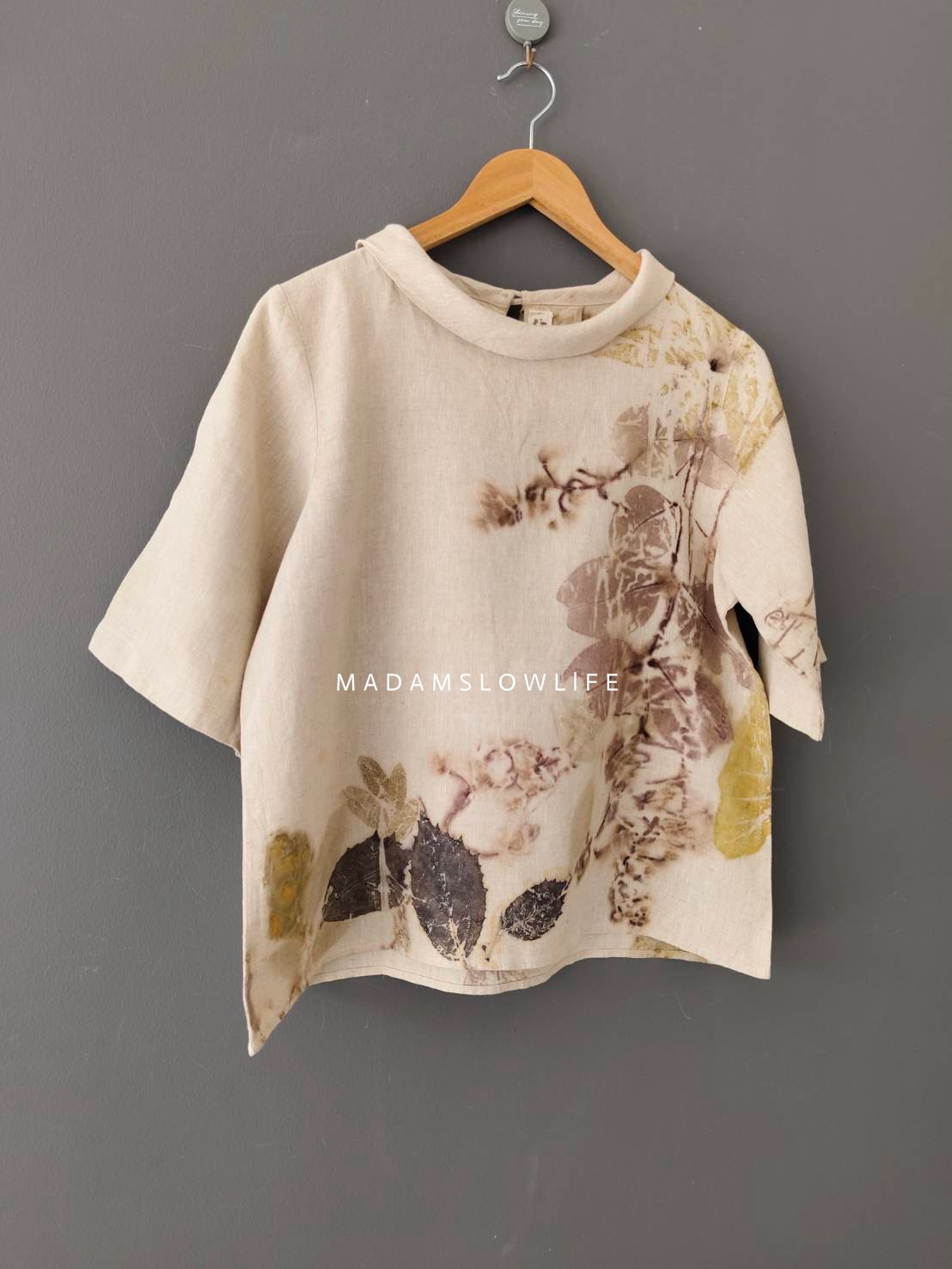 เสื้อผ้าลินินแท้ ลวดลายพิมพ์ลายแบบ eco-print อก 40 นิ้ว ยาว 22 นิ้ว