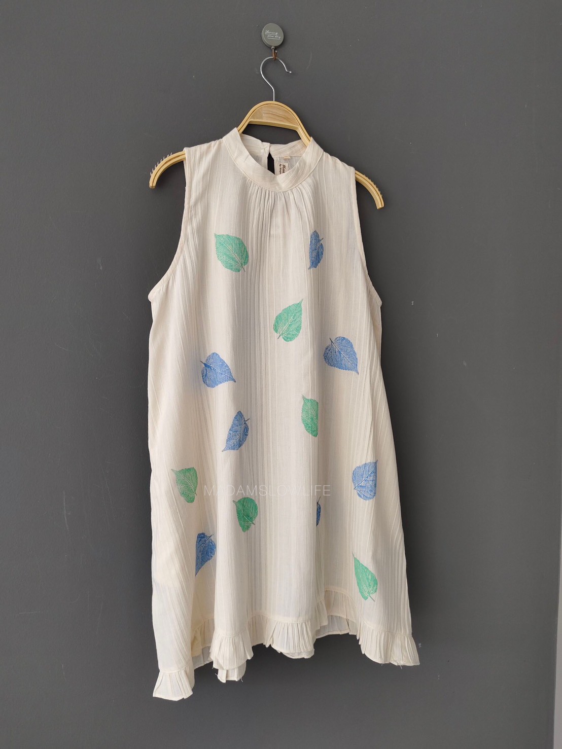 เดรสคอตั้งระบายชาย Size: F พิมพ์ลายใบไม้แมทสีเขียวฟ้าลุคน่ารัก