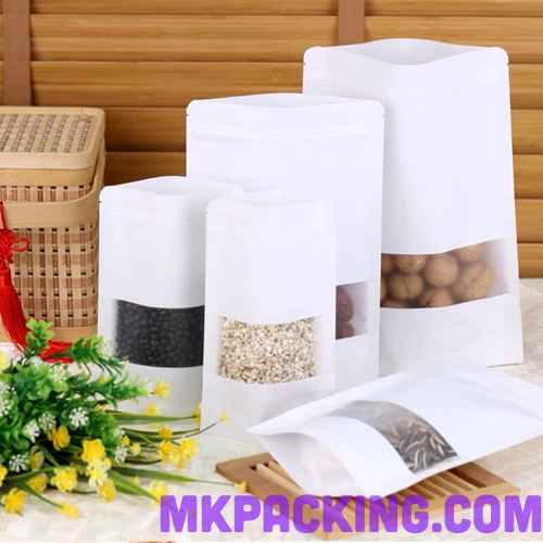 ถุงคราฟท์ขาวเคลือบด้าน หน้าต่างขุ่น ซิปล็อค ตั้งได้ ขนาด 10x15+3cm