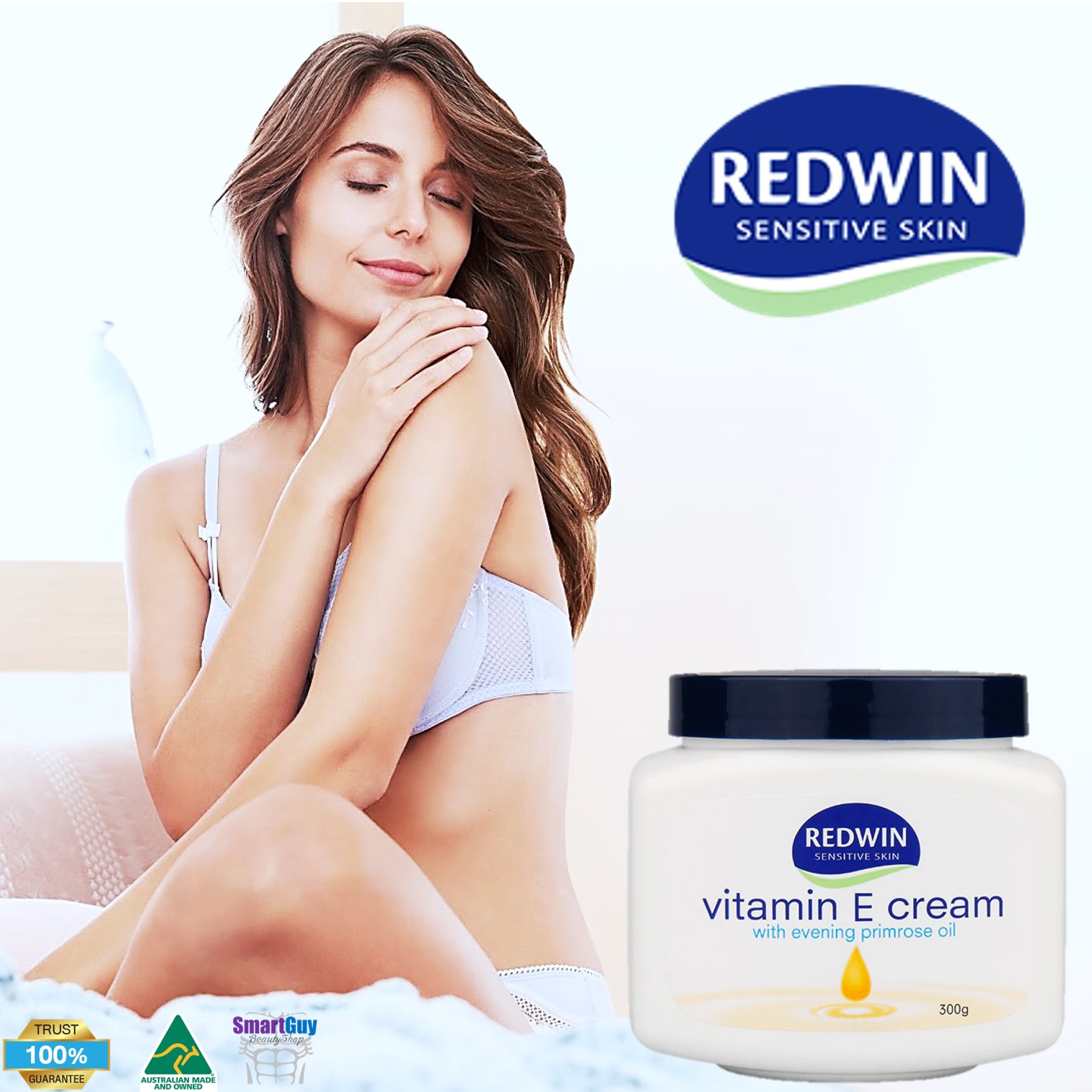 REDWIN Vitamin E Cream With Evening Primrose Oil 300g. ครีมวิตามินอีเข้มข้นผสมสารสกัดดอกพรีมโรสจากออสเตรเลียของแท้ช่วยลดรอยดำจากสิวและริ้วรอยปรับผิวหน้าผิวกายตึงกระชับกระจ่างใสย้อนวัยผิวอย่างชัดเจน