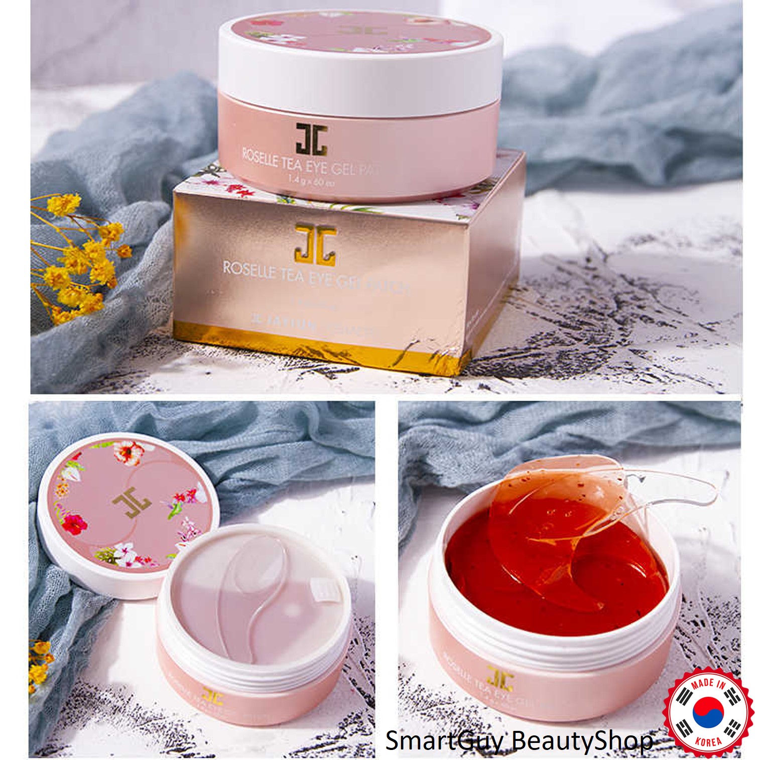 Jayjun Roselle Tea eye gel patch 120g. แผ่นเจลมาส์คใต้ตาเพิ่มความชุ่มชื่นลดปัญหาริ้วรอยหมองคล้ำใต้ตาอย่างได้ผล สินค้านำเข้าจากประเทศเกาหลีของแท้