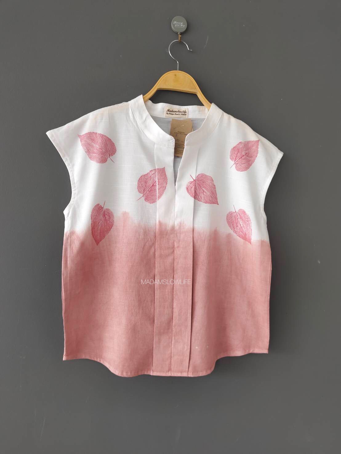 เสื้อผู้หญิง คอจีน Size: F มัดย้อมสีชมพูทูโทน พิมพ์ใบไม้จากสีปลอดสารพิษ