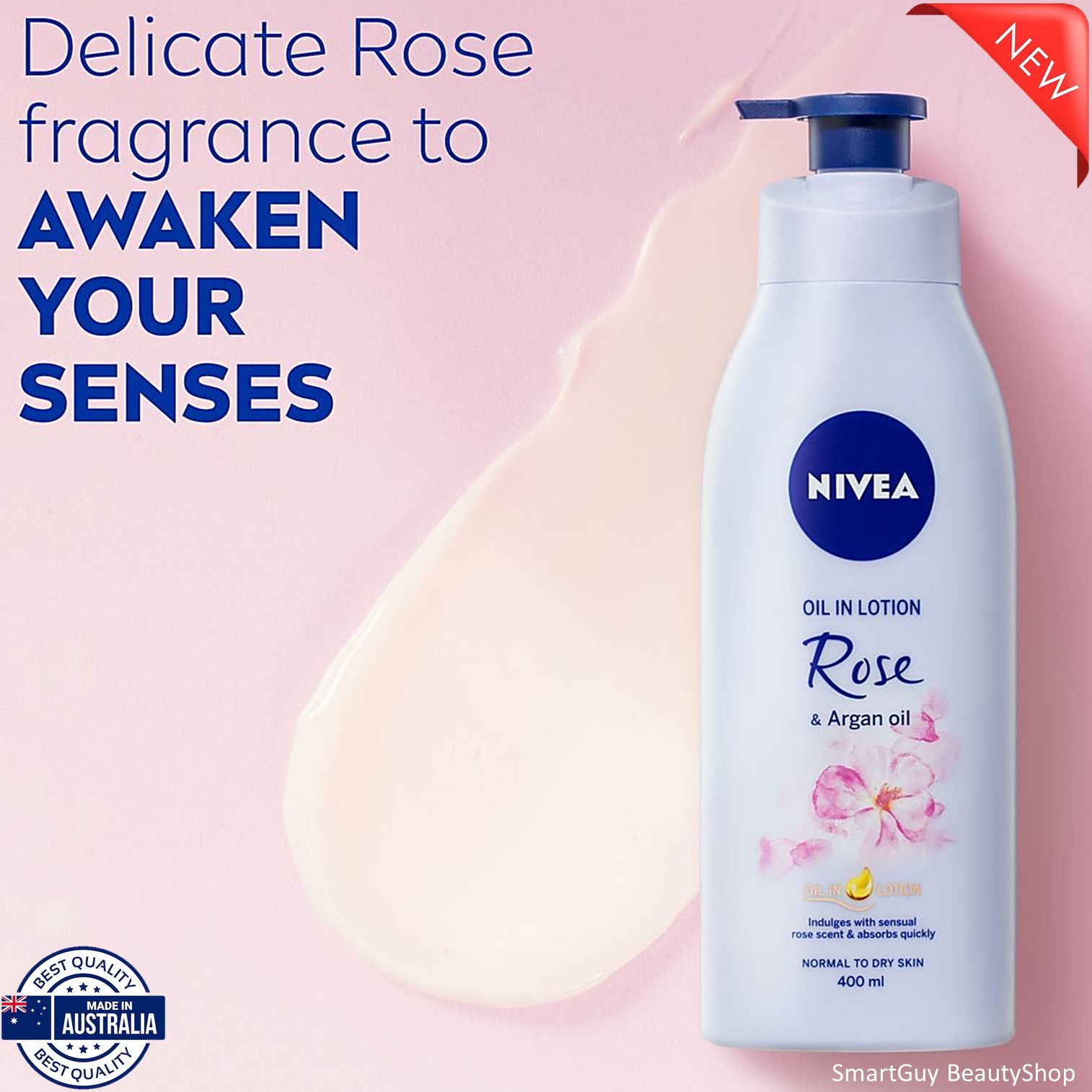 NIVEA OIL IN LOTION ROSE & ARGAN OIL 400ML โลชั่นบำรุงผิวกายเพิ่มความชุ่มชื้นผิวแลดูอ่อนกว่าวัยสูตรพิเศษสินค้านำเข้าจากออสเตรเลียพร้อมส่ง