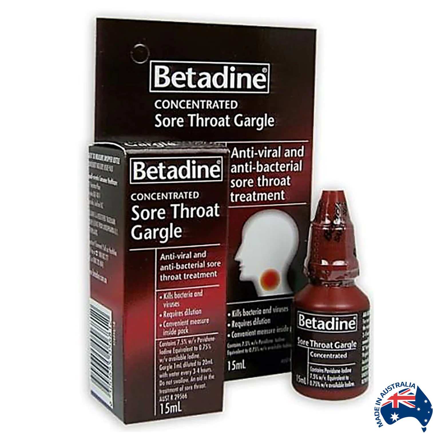 Betadine Sore Throat Gargle Concentrated 15ml ผลิตภัณฑ์น้ำยาบ้วนปากแบบผสมน้ำสูตรลดการสะสมของเชื้อแบคทีเรียในช่องปากและลำคอสินค้านำเข้าจากออสเตรเลียของแท้พร้อมส่ง