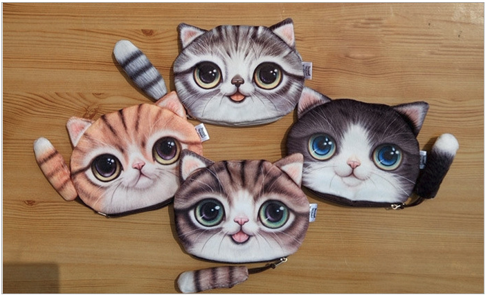 กระเป๋า หน้าแมว มีหางห้อย ลายสามมิติเหมือนจริง 3D cat face purse money wallet