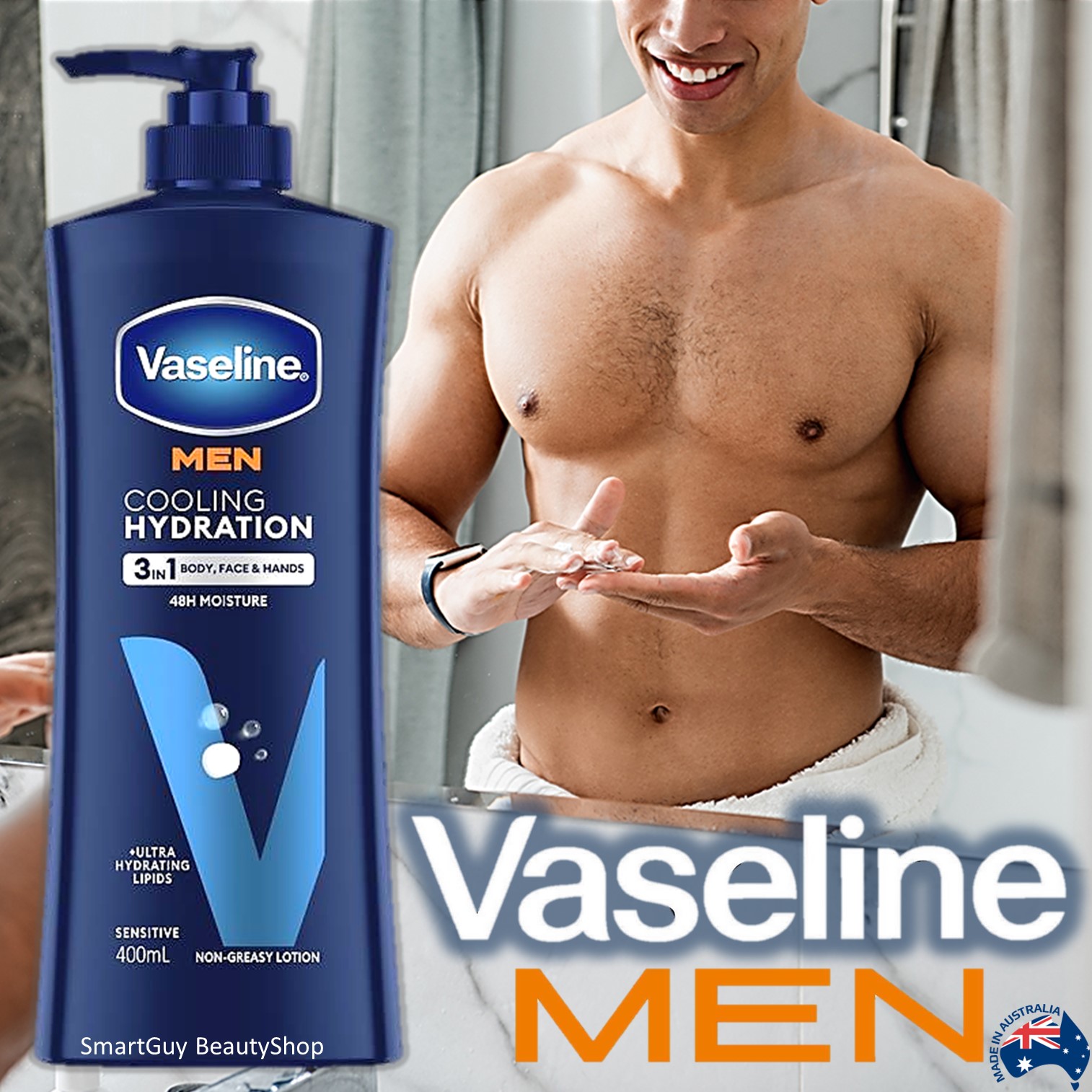 Vaseline Men Cooling Hydration 3in1 Body Face and Hands Lotion 400ml โลชั่นสูตรเย็นสำหรับบำรุงผิวผู้ชายสินค้านำเข้าจากต่างประเทศพร้อมส่ง