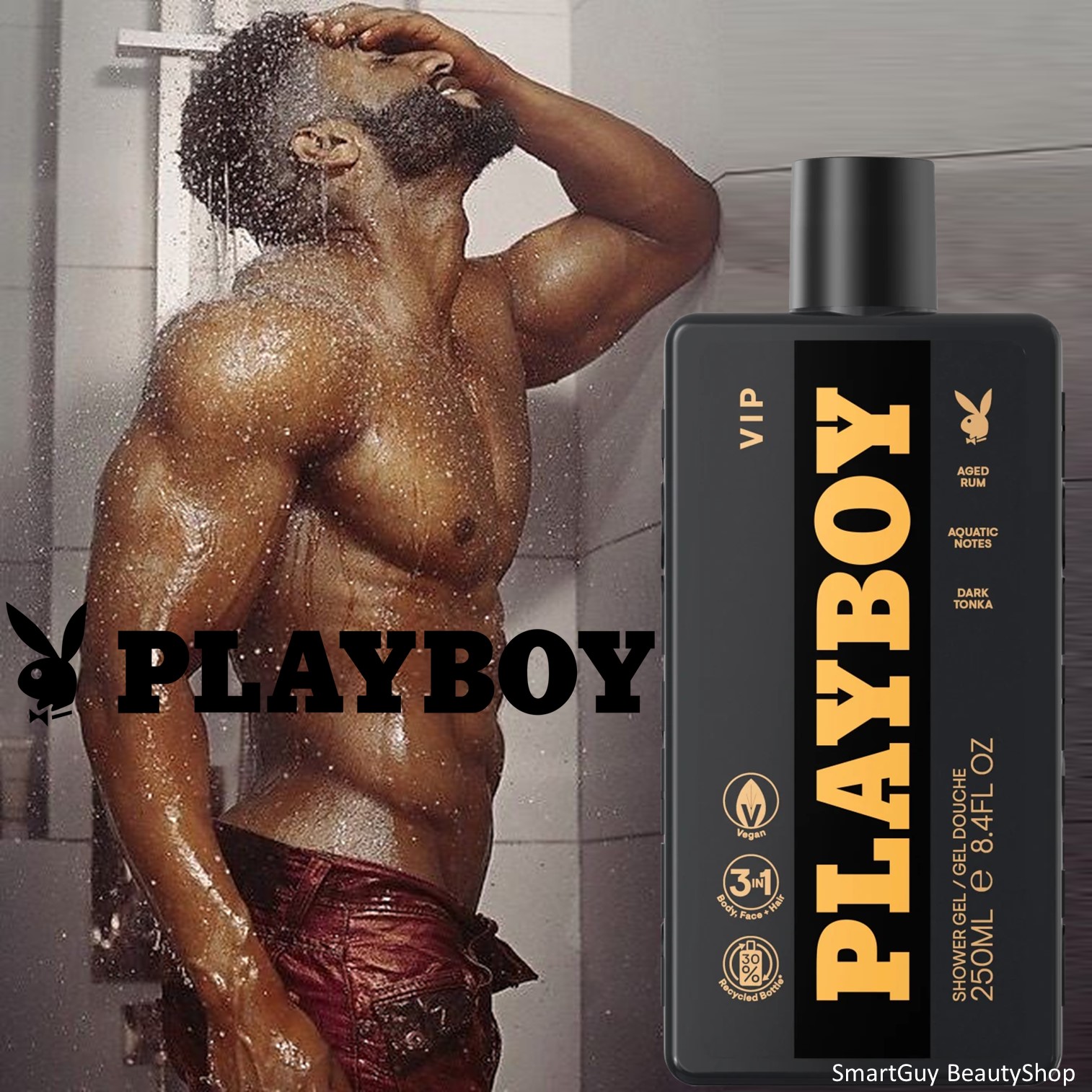 Playboy Vip 3in1 Shower Gel&Shampoo Shower Care Body Face Hair 250ml ผลิตภัณฑ์อาบน้ำทำความสะอาดผิวกายใบหน้าเส้นผมสำหรับผู้ชายสูตรพิเศษจากต่างประเทศ