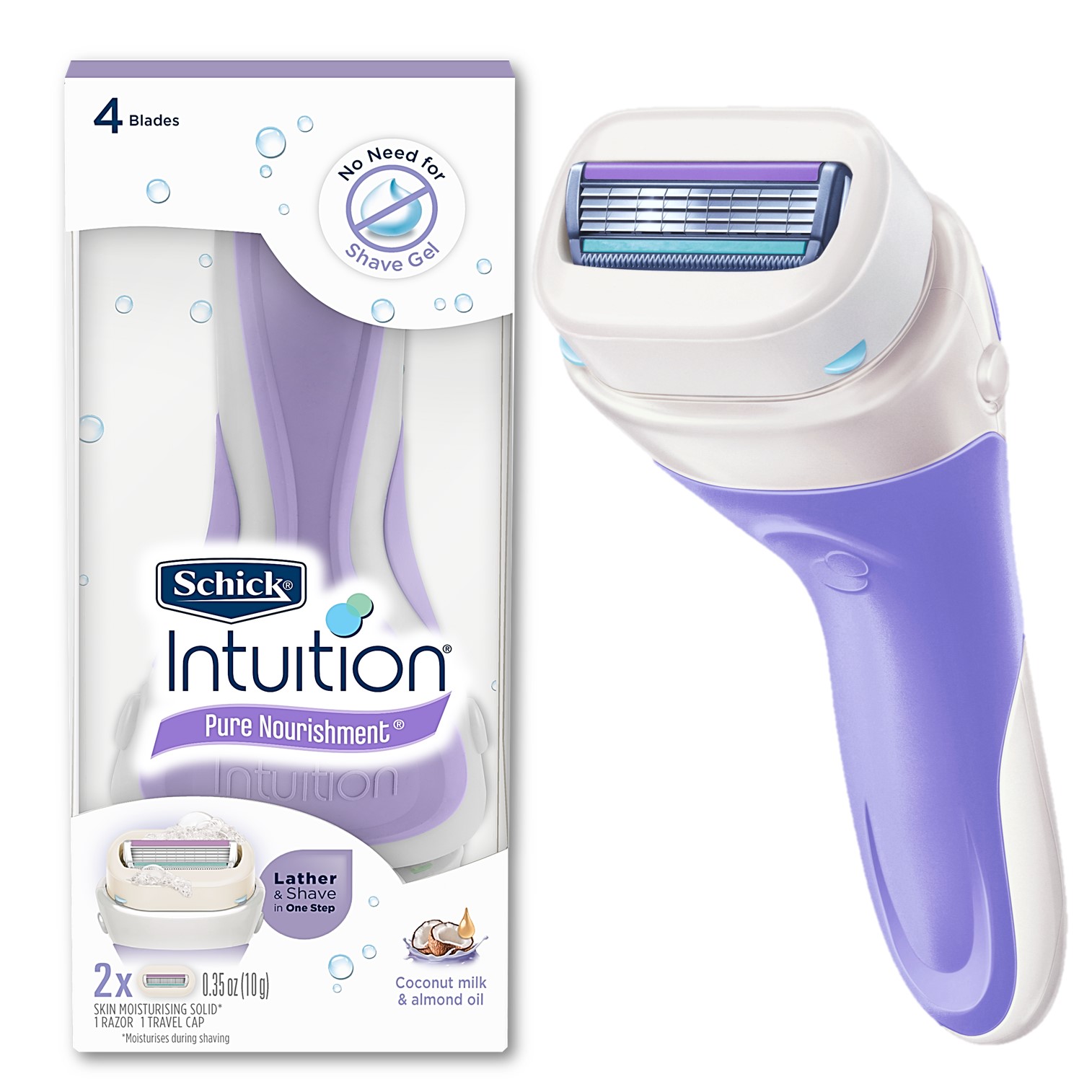 Schick Intuition Pure Nourishment Womens Razor with Coconut Milk and Almond Oil, 1 Handle with 2 Refills ชุดมีดโกนกำจัดขนรุ่นพิเศษมาพร้อมก้อนสบู่และใบมีดรีฟิล