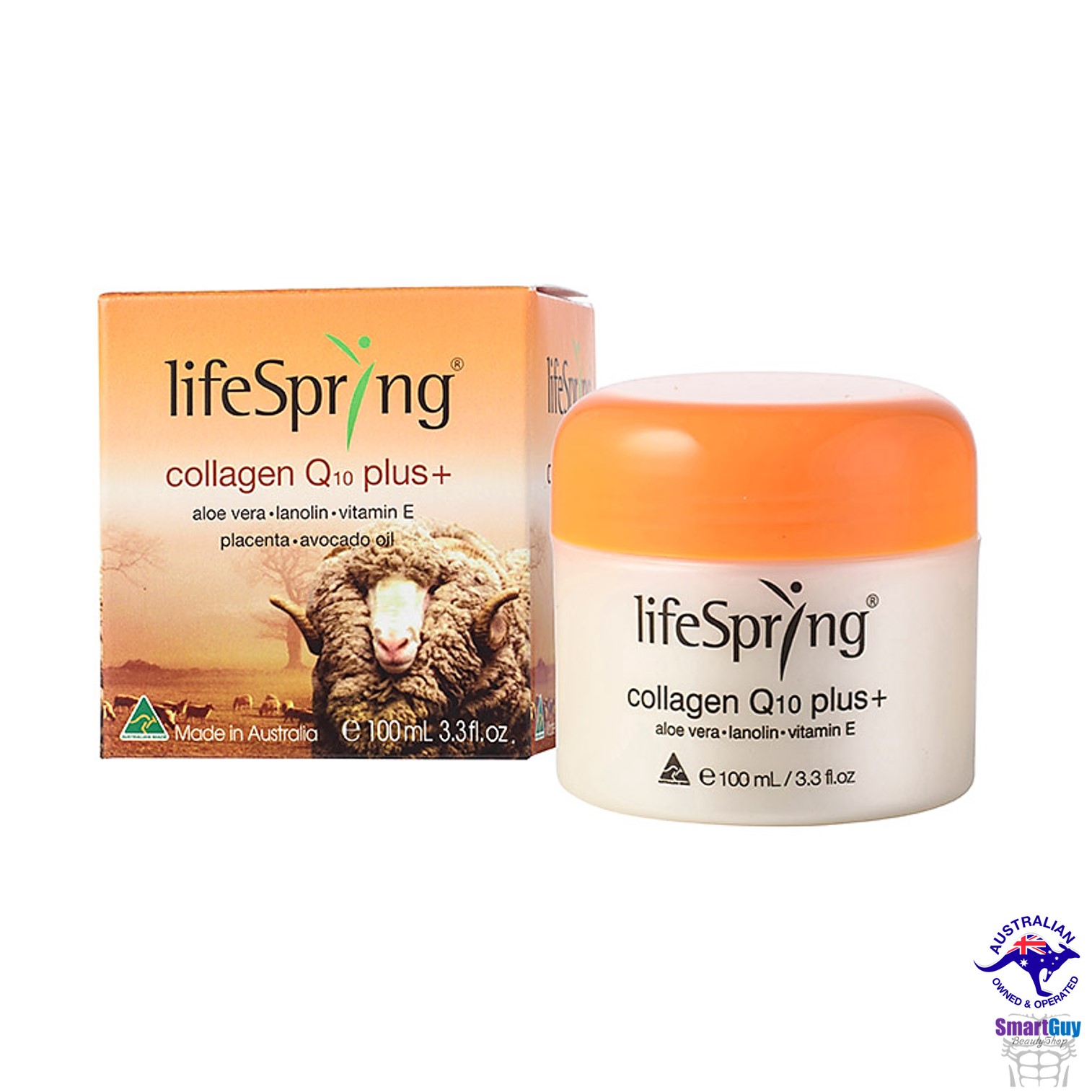 LifeSpring Collagen Q10 Plus Aloe Vera+Lanolin+Vitamin E+Placenta+Avocado Oil 100ml. ครีมรกแกะผสมคอลลาเจนคิวเท็นและวิตามินสารสกัดธรรมชาติช่วยลดริ้วรอยปรับผิวหน้าตึงกระชับกระจ่างใสย้อนวัยผิวหน้าสูตรเข้มข้นสินค้านำเข้ารับประกันของแท้จากออสเตรเลีย