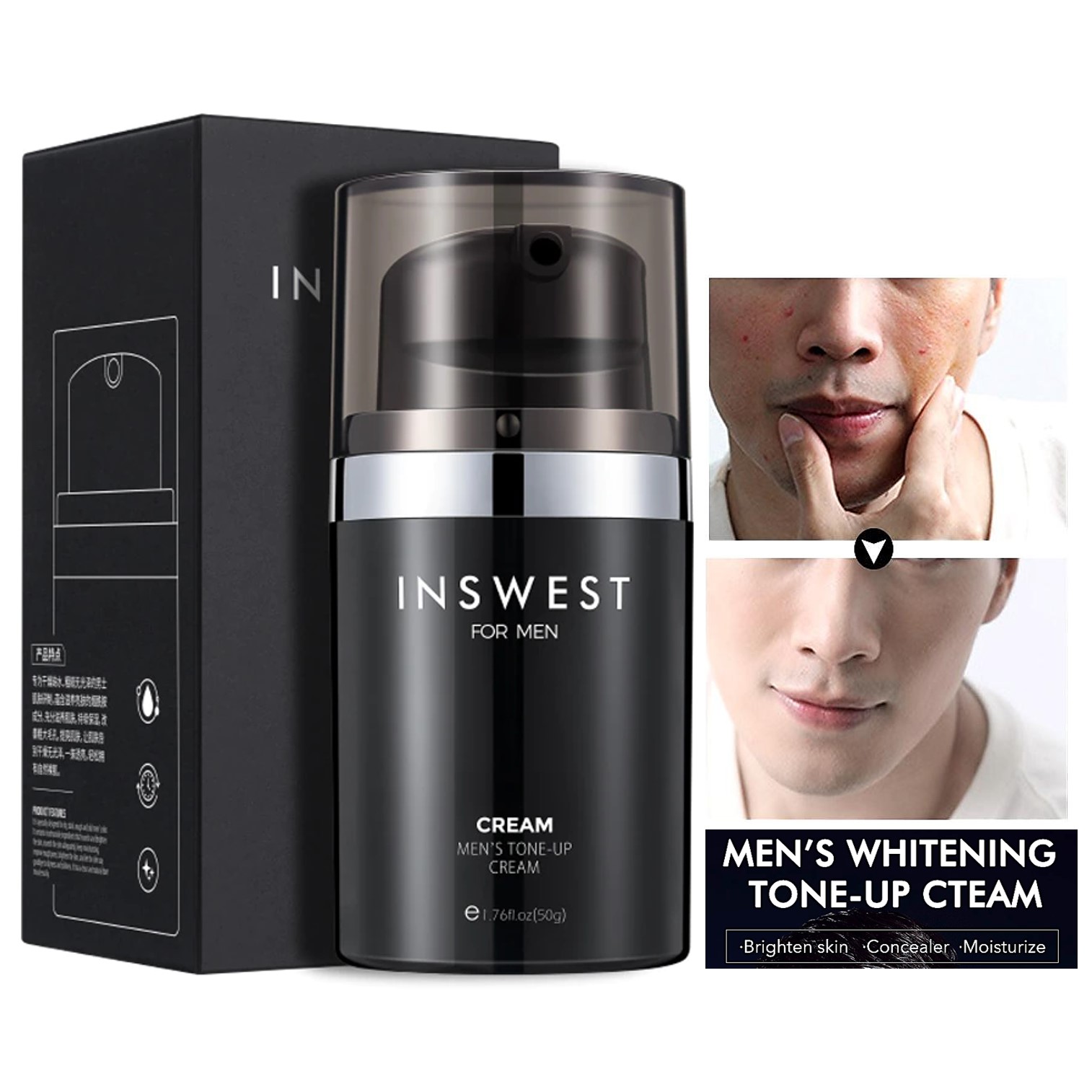 INSWEST Men's Tone Up Cream 50g ครีมโทนอัพเนื้อบางเบาปรับแต่งผิวหน้าเรียบเนียนกระจ่างใสสำหรับผู้ชาย