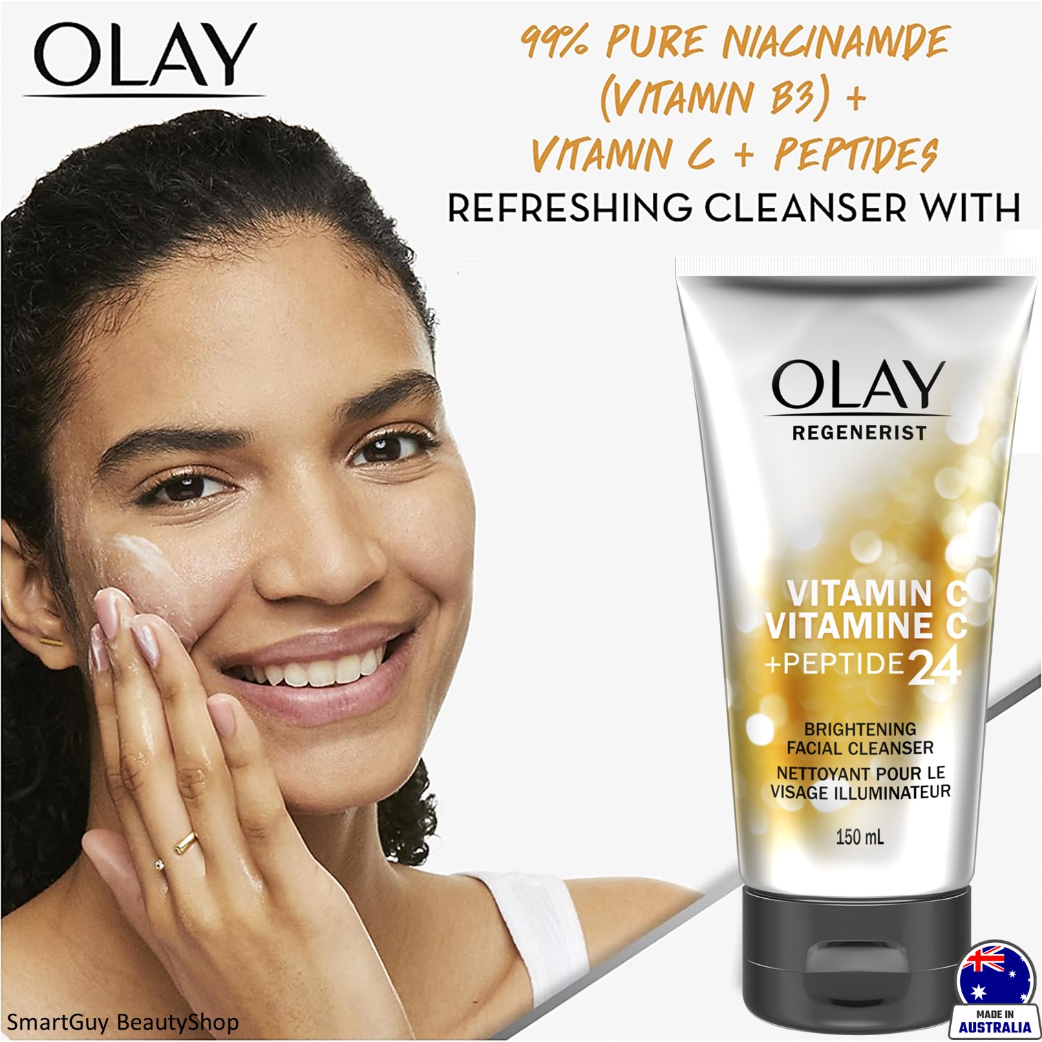 OLAY Vitamin C + Peptide 24 BRIGHTENING FACIAL CLEANSER 150ML ผลิตภัณฑ์ล้างทำความสะอาดผิวหน้าสูตรวิตามินซีเพื่อผิวกระจ่างใสสินค้านำเข้าจากออสเตรเลียของแท้