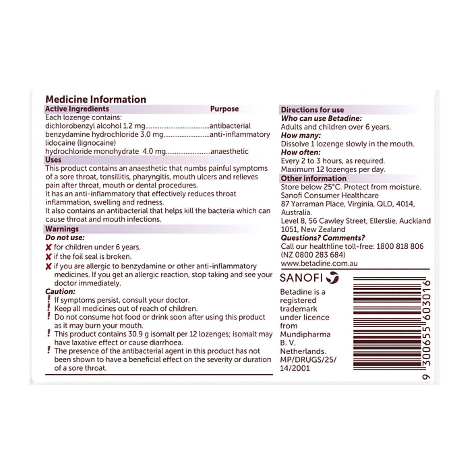 Betadine Anaesthetic Lozenges Triple Action Sore Throat Lozenges Berry Flavour 36 Lozenges เม็ดอมบรรเทาเจ็บคอลดการสะสมของแบคทีเรียเชื้อโรคในช่องปากรสเบอรี่