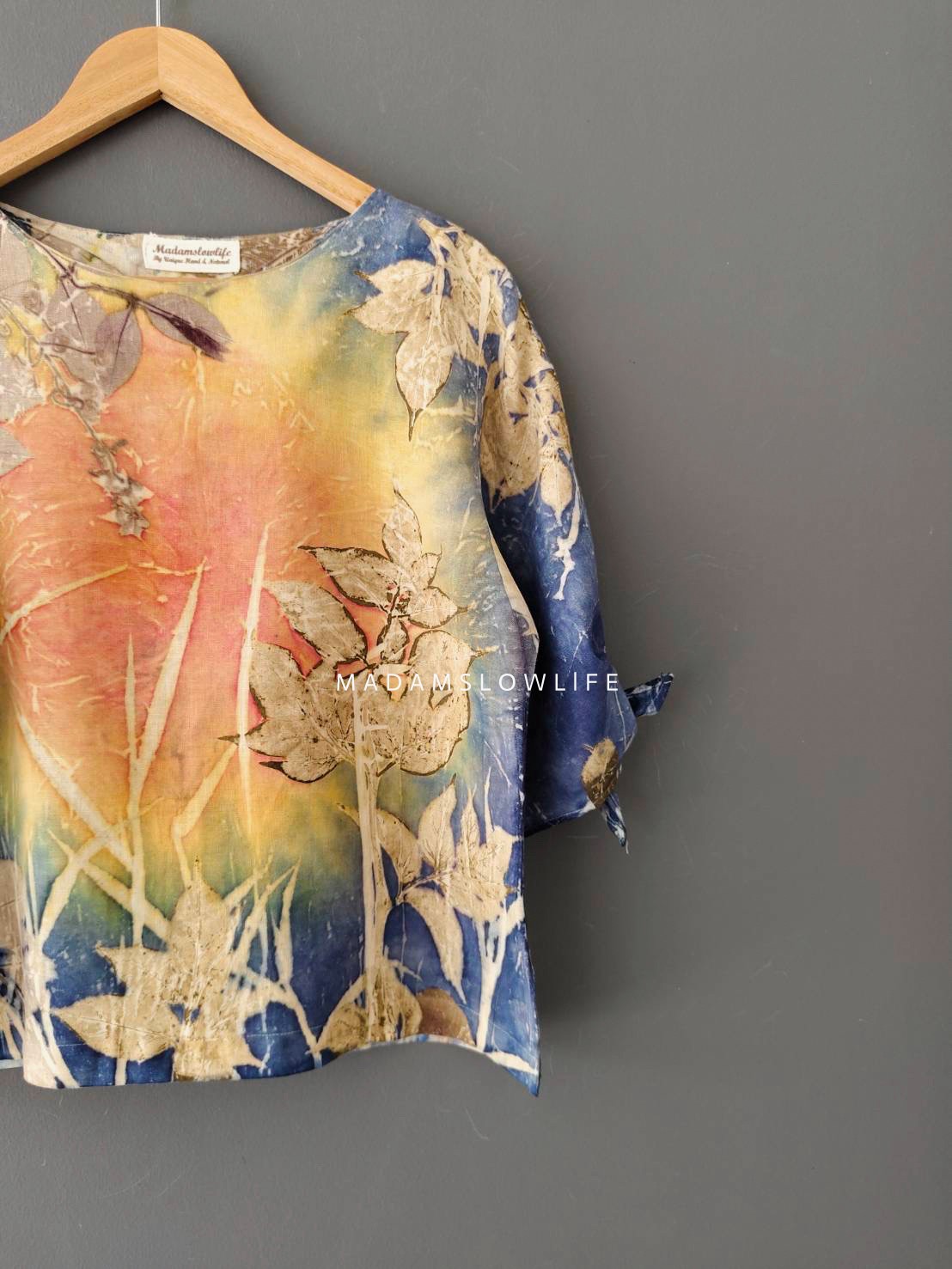 เสื้อผ้าลินินแท้ ลวดลายพิมพ์ลายแบบ eco-print อก 40 นิ้ว ยาว 22 นิ้ว