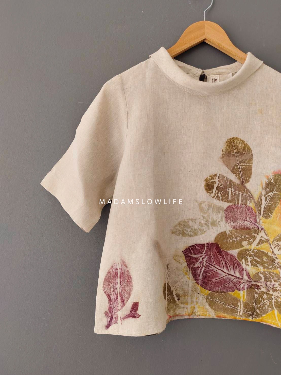 เสื้อผ้าลินินแท้ ลวดลายพิมพ์ลายแบบ eco-print อก 38 นิ้ว ยาว 21 นิ้ว