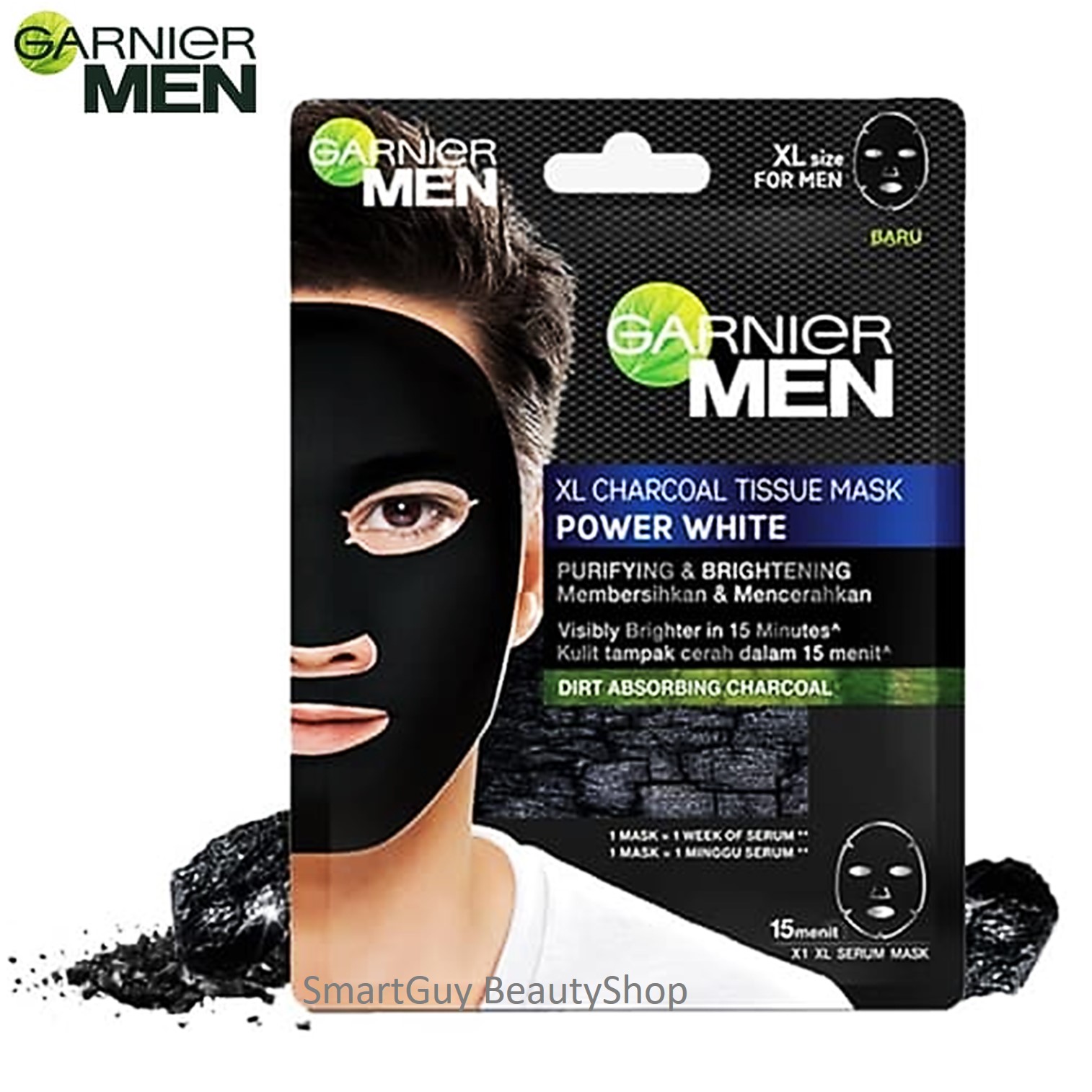 GARNIER MEN XL Charcoal Mask Power White Purifying & Brightening 30g. แผ่นมาส์คดีท็อกซ์ผิวหน้ากระจ่างใสสำหรับผู้ชายสูตรชาโคล
