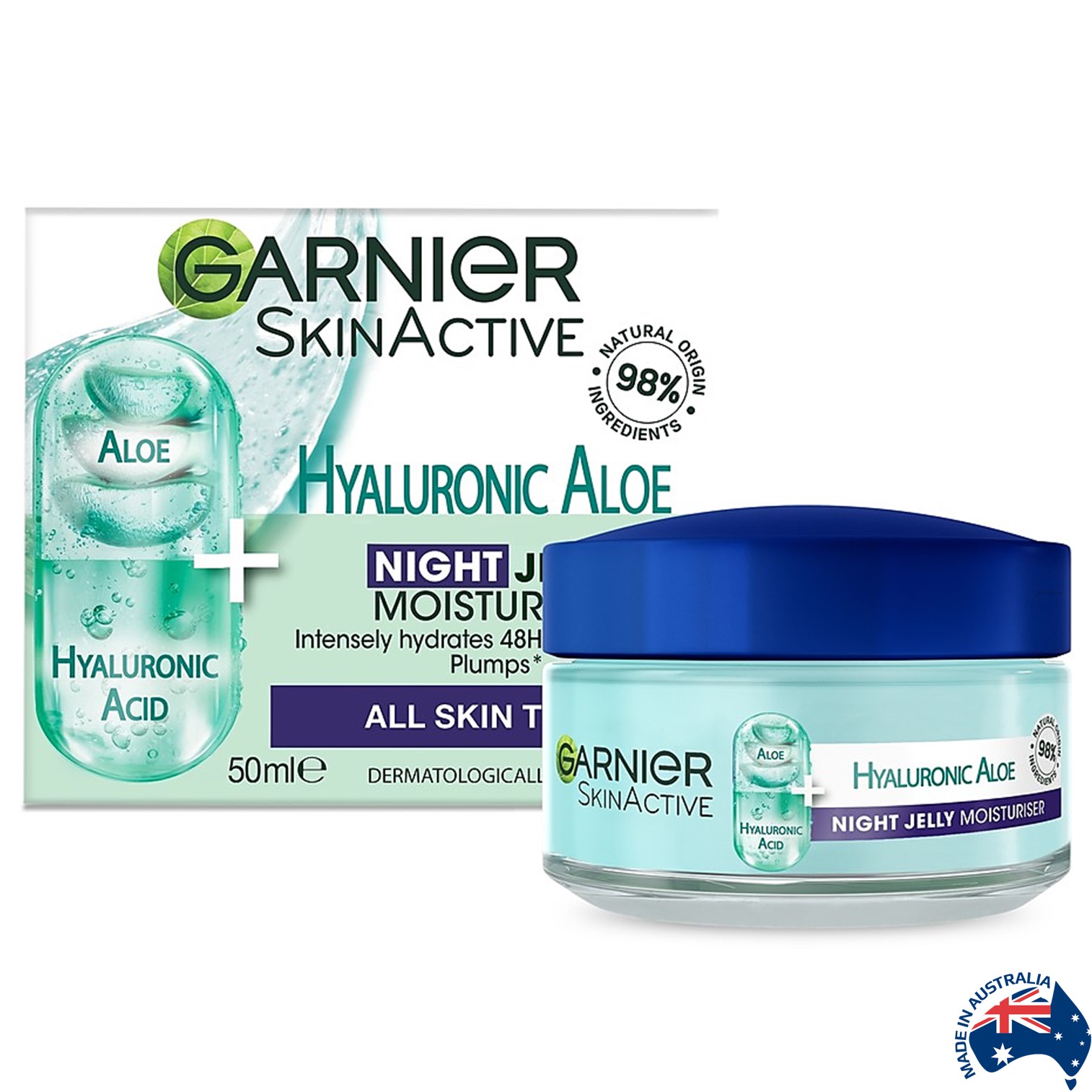 Garnier SkinActive Hyaluronic Aloe Night Jelly Moisturiser 50ml ผลิตภัณฑ์บำรุงผิวหน้าแลดูอ่อนกว่าวัยสูตรสำหรับตอนกลางคืนสินค้านำเข้าจากออสเตรเลียของแท้พร้อมส่ง