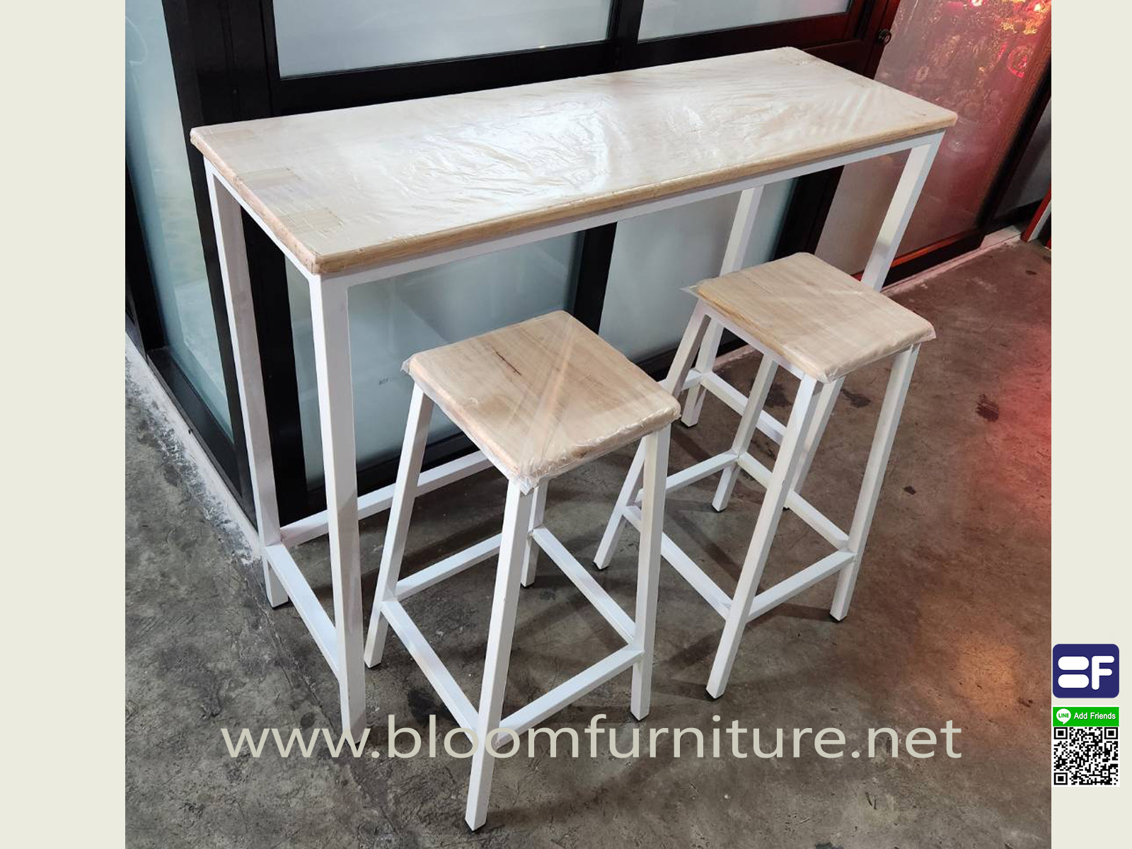 ชุดโต๊ะร้านกาแฟ โต๊ะบาร์สูงโครงขาเหล็ก หน้าไม้ยางพารา ขนาด120x40x100 ซม.