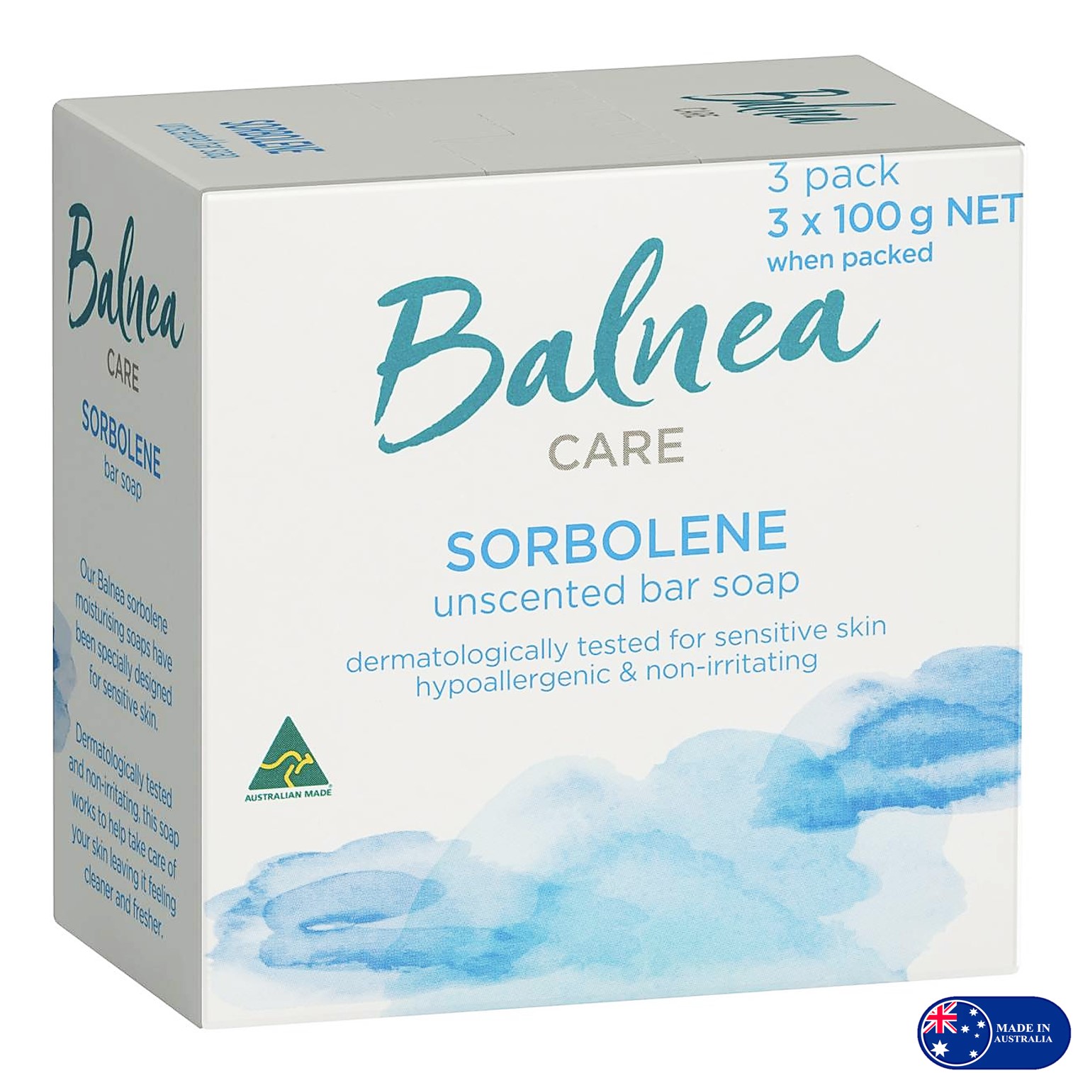 Balnea Sorbolene Unscented Soap 3x100g สบู่ทำความสะอาดผิวกายสูตรพิเศษเพื่อผิวเนียนนุ่มสุขภาพดีสินค้านำเข้าจากออสเตรเลียพร้อมส่ง