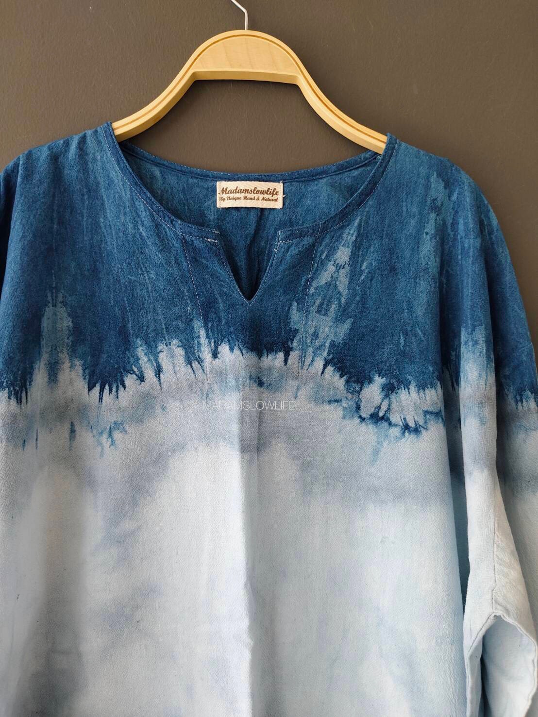 เสื้อคอวีแขนยาวผู้ชาย มัดย้อมคราม Size:42" 44" 46" 48" 50"