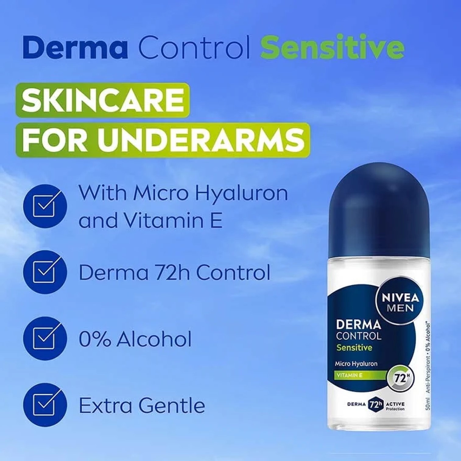 NIVEA MEN DERMA CONTROL Sensitive Anti-Perspirant Roll On 50ml ลูกกลิ้งระงับกลิ่นใต้วงแขนผู้ชายสูตรอ่อนโยนพิเศษสำหรับผิวแพ้ง่ายสินค้านำเข้าจากออสเตรเลียของแท้พร้อมส่ง