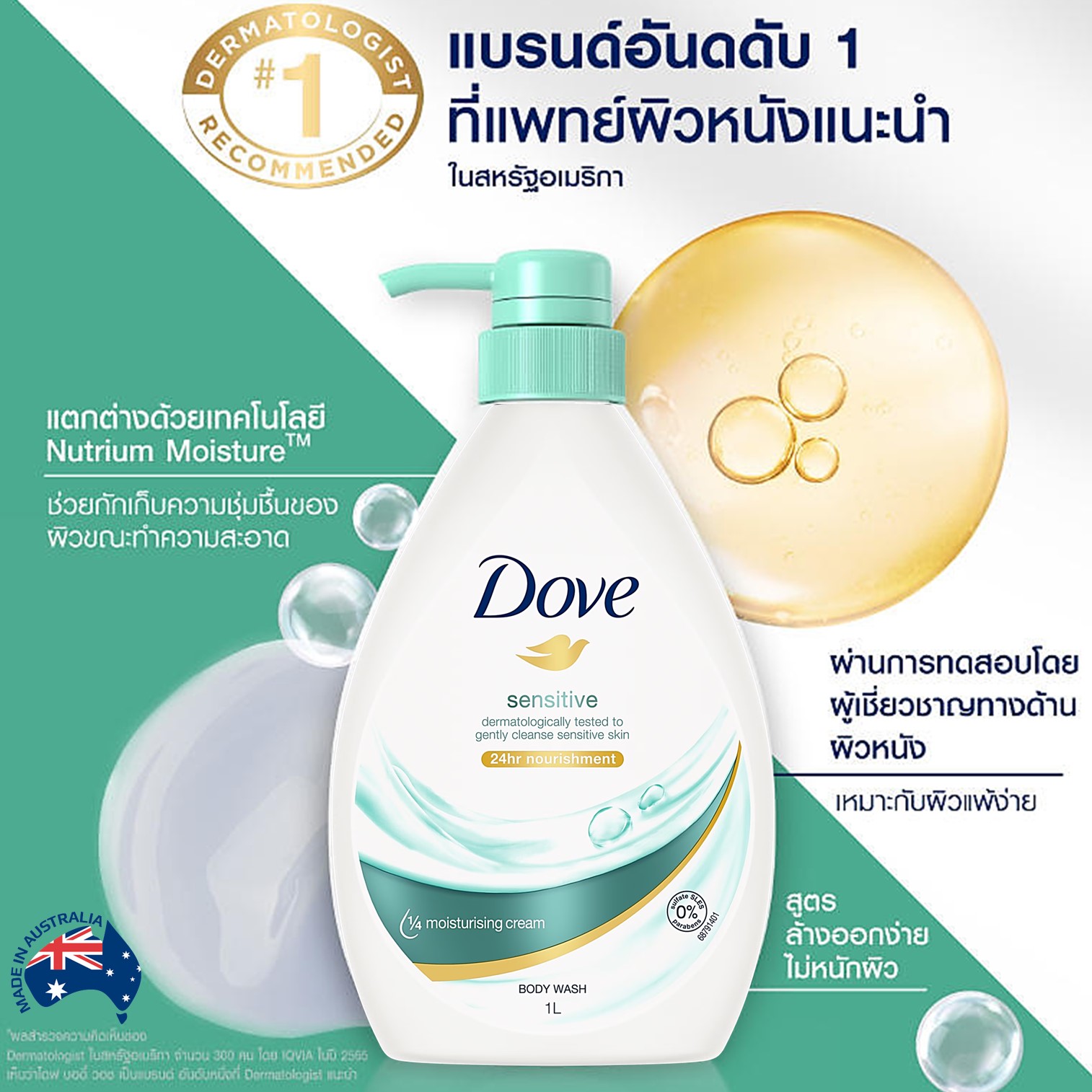 Dove Sensitive Body Wash 1L เจลอาบน้ำสูตรพิเศษสำหรับผิวบอบบางแพ้ง่ายใหม่ล่าสุดสินค้านำเข้าจากออสเตรเลียของแท้พร้อมส่ง