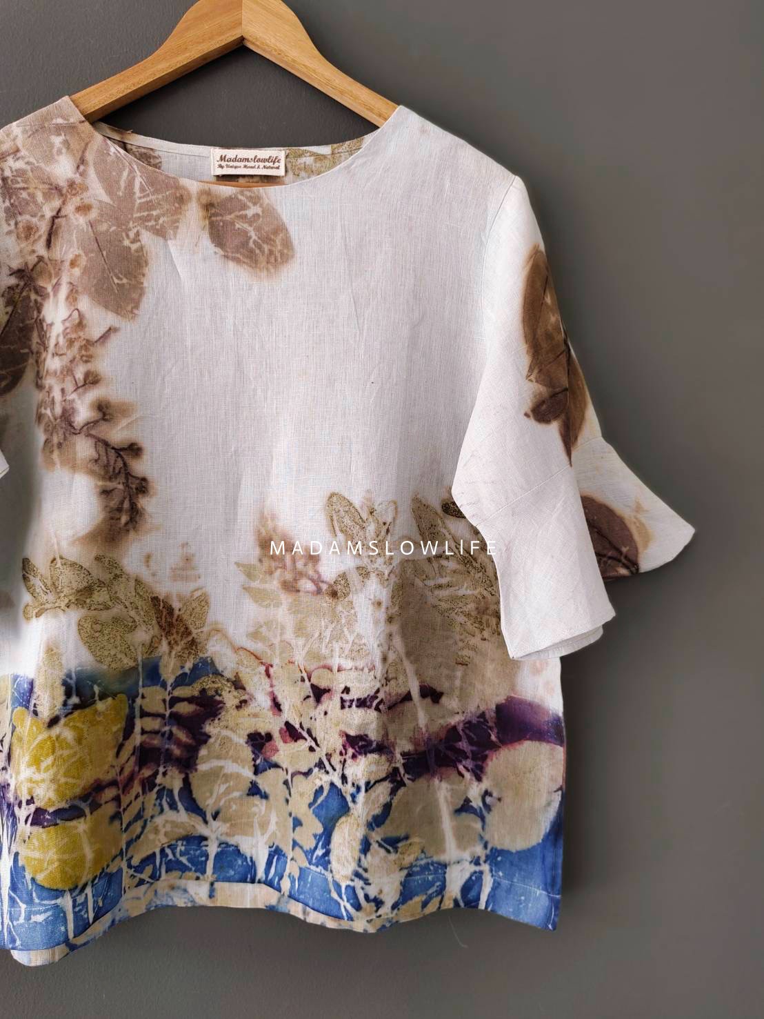 เสื้อผ้าลินินแท้ ลวดลายพิมพ์ลายแบบ eco-print อก 42 นิ้ว แขนยาว 12 นิ้ว ยาว 24 นิ้ว