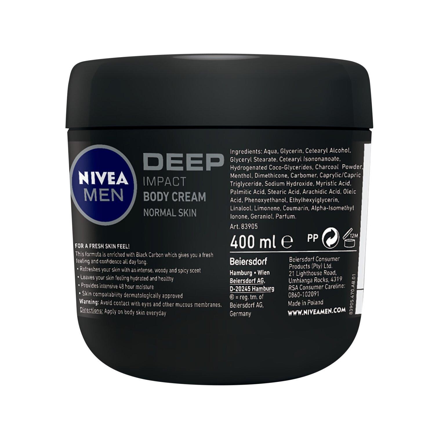 NIVEA Men Deep Impact Body Cream 400ml ผลิตภัณฑ์บำรุงผิวกายสำหรับผู้ชายสูตรพิเศษเพื่อผิวแลดูสุขภาพดีสินค้านำเข้าจากต่างประเทศของแท้พร้อมส่ง