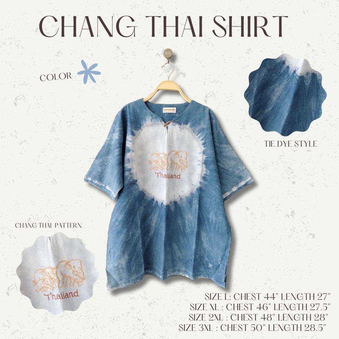 เสื้อผู้ชาย ปักลายช้าง มัดย้อมคราม Size : 44" 46" 48" 50"