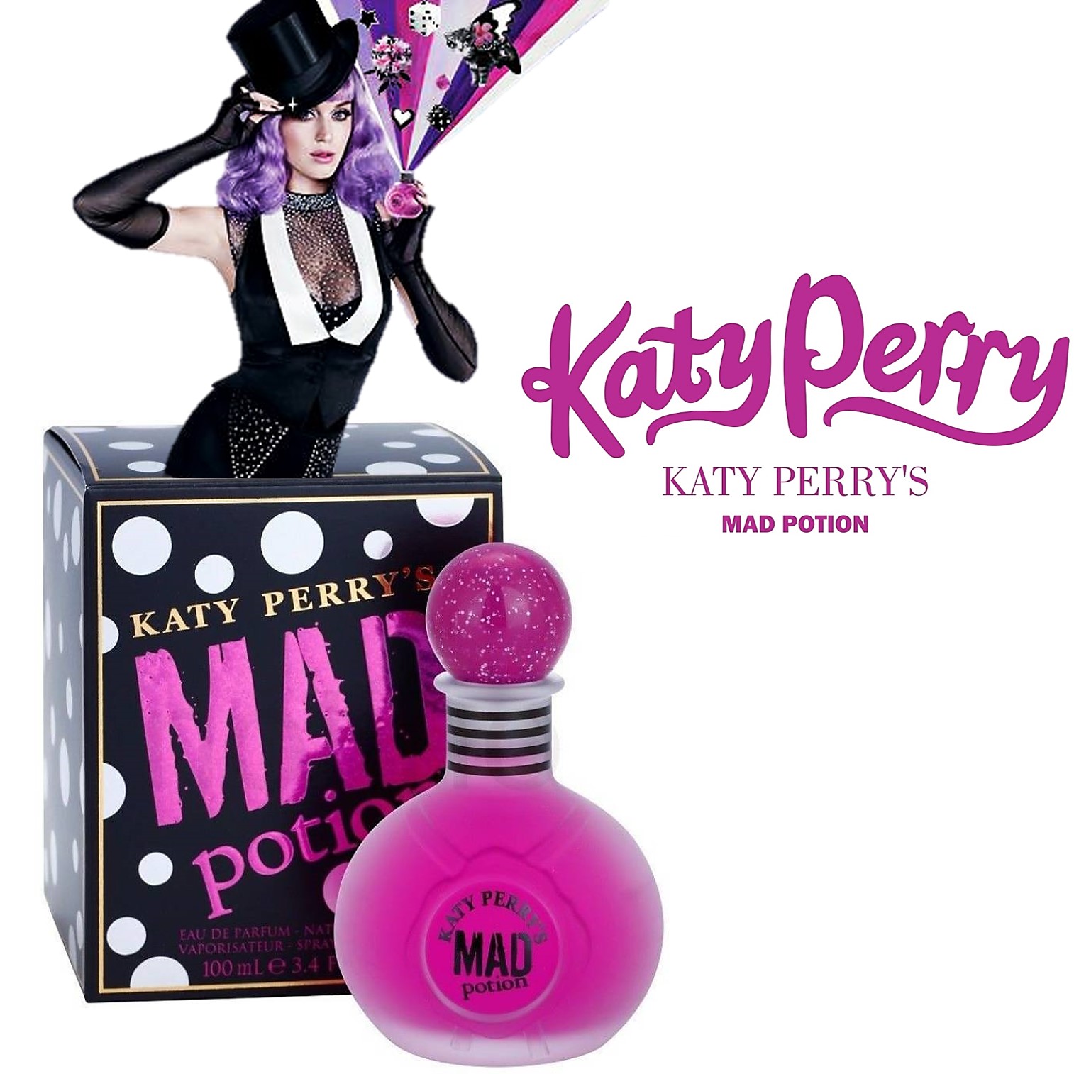 KATY PERRY’S MAD POTION Eau De Parfum Natural Spray Vaporisateur 100ml. น้ำหอมลิขสิทธิ์แท้จากนักร้องสาวเคที่ เพอร์รี่กลิ่นหอมหวานไฮโซสุดเซ็กซี่สำหรับสาวที่มาพร้อมความมั่นใจผสานความเซ็กซี่ สินค้านำเข้าของแท้ 100%