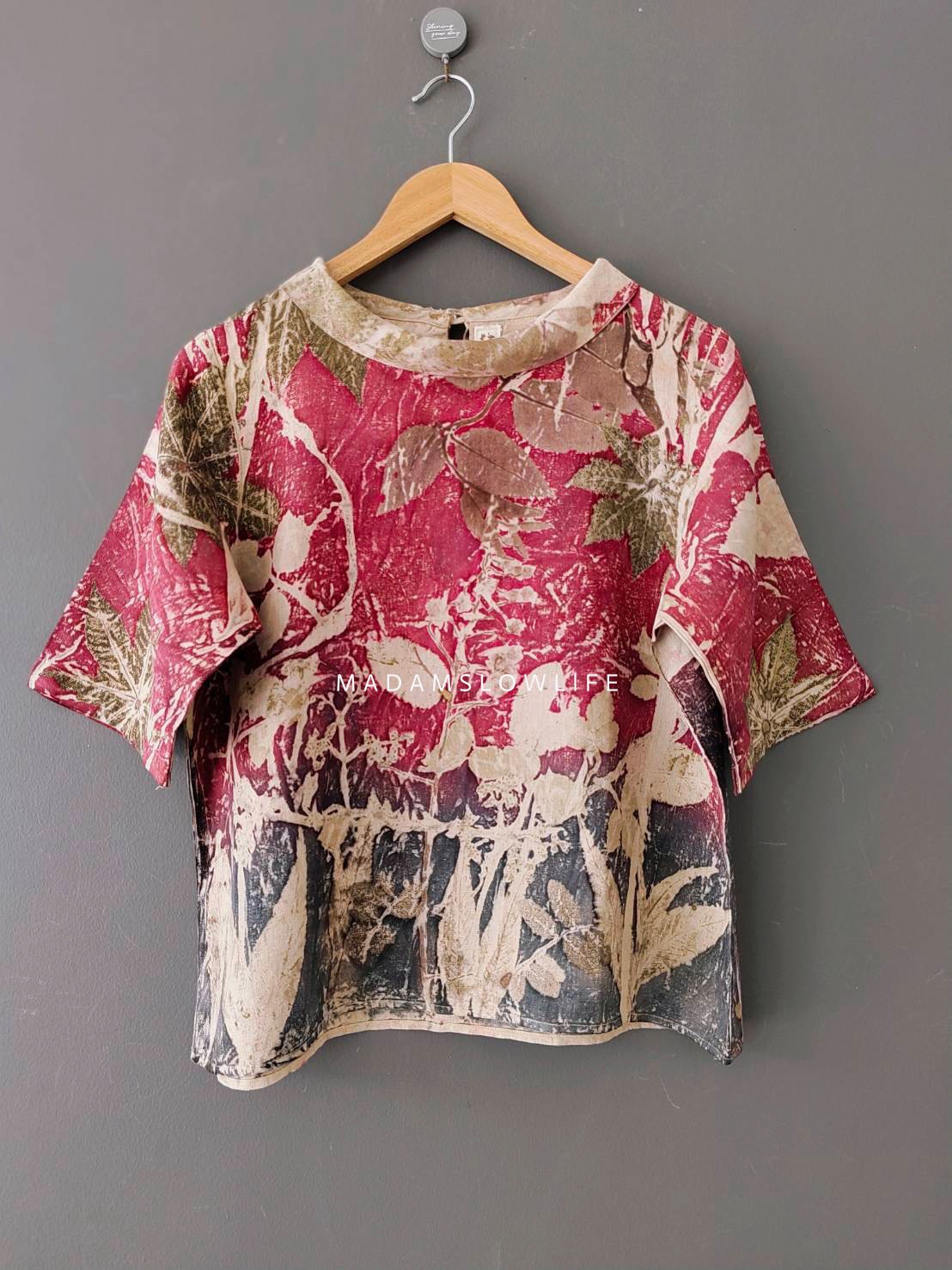 เสื้อผ้าลินินแท้ ลวดลายพิมพ์ลายแบบ eco-print อก 40 นิ้ว ยาว 22 นิ้ว